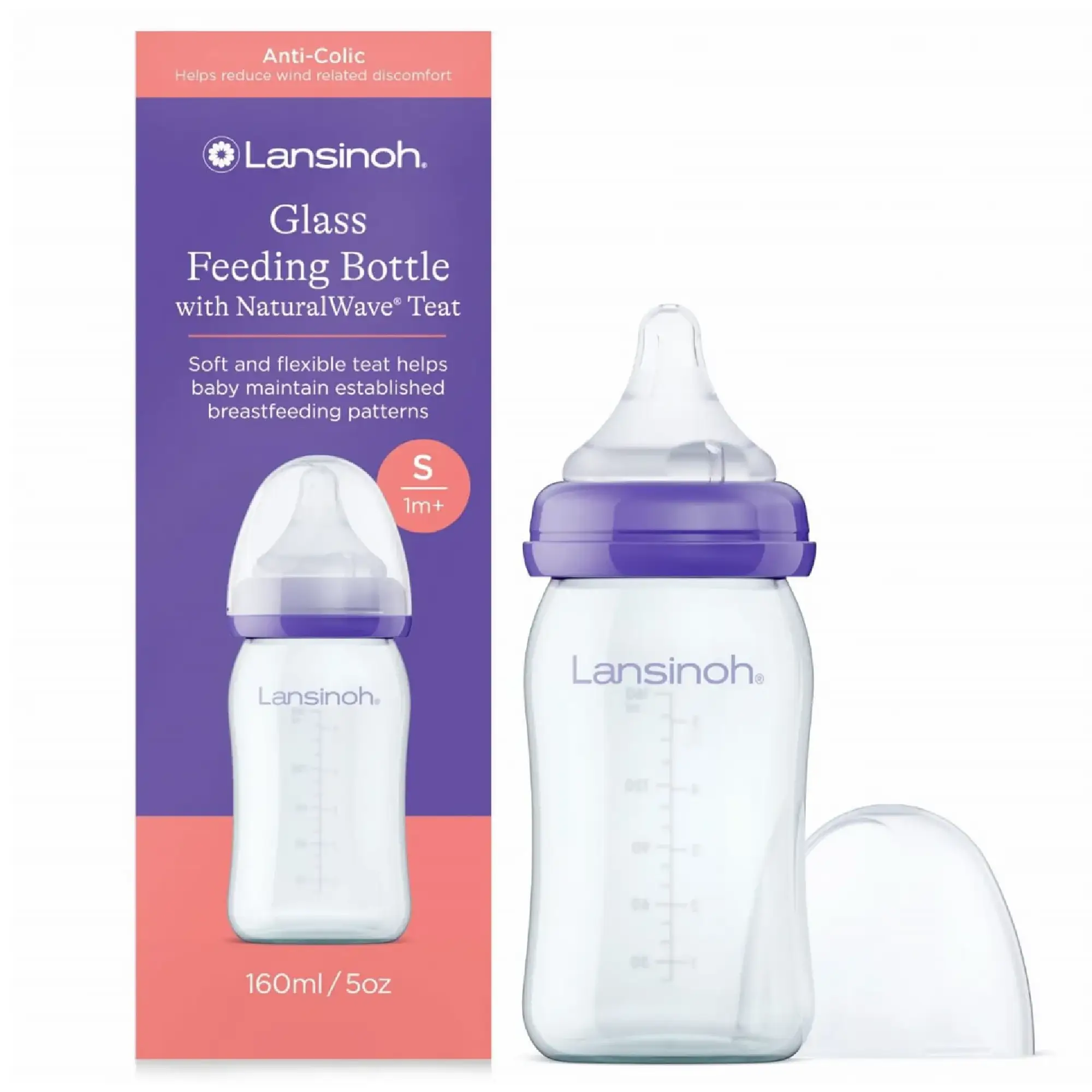 Lansinoh Butelka szklana ze smoczkiem NaturalWave o wolnym przepływie, 160 ml