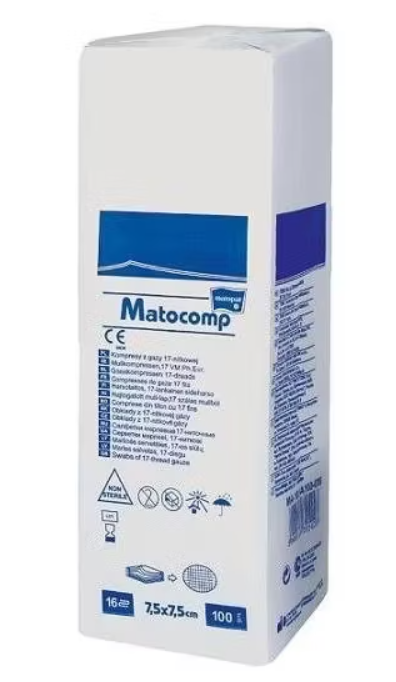 Matocomp Kompresy z gazy niejałowe, 13 nitkowe 12 warstwowe, 7,5 cm x 7,5 cm, 100 sztuk zdjęcie