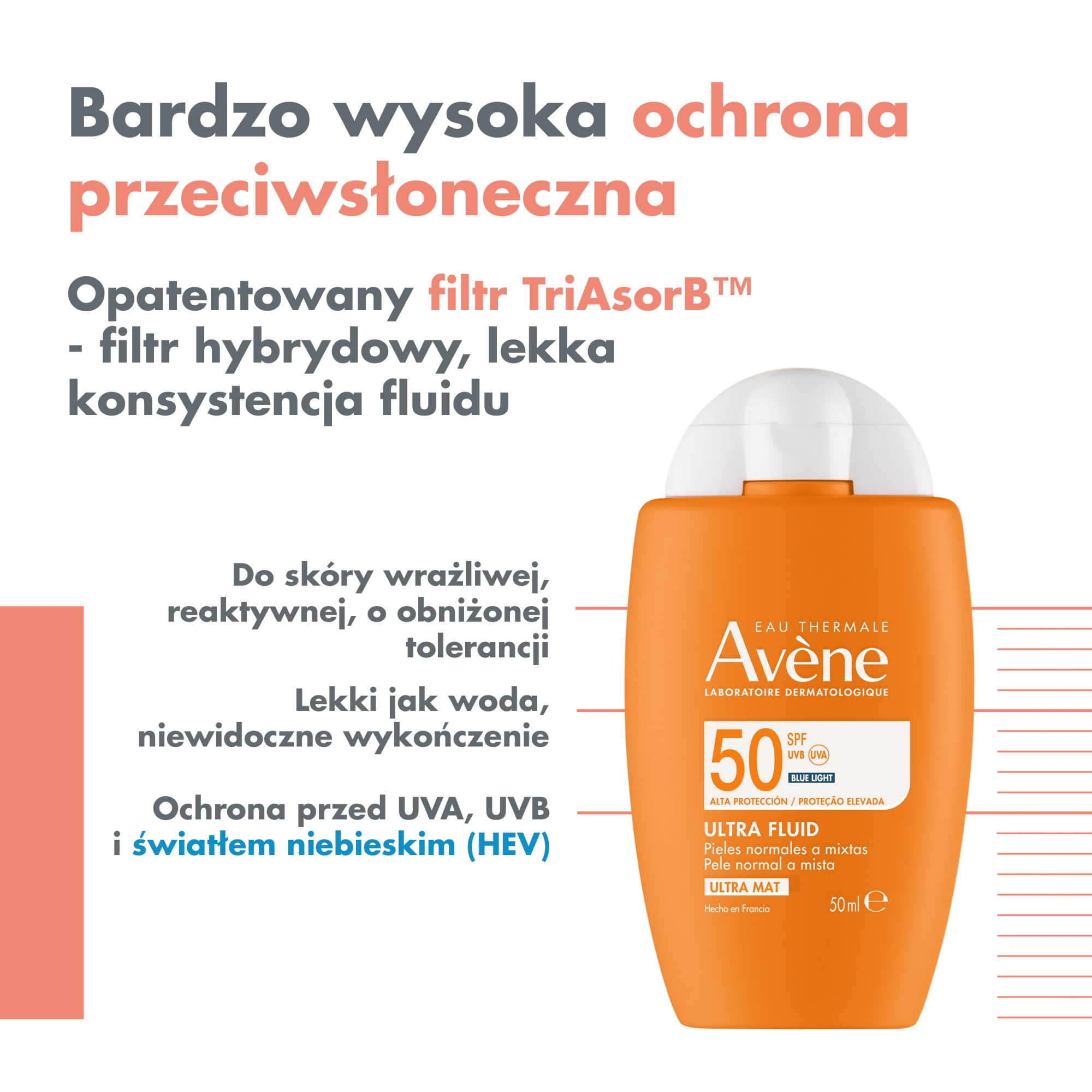 Avene wysoka ochrona przeciwsłoneczna Ultra Fluid niewidoczny na skórze SPF 50+ 50 ml