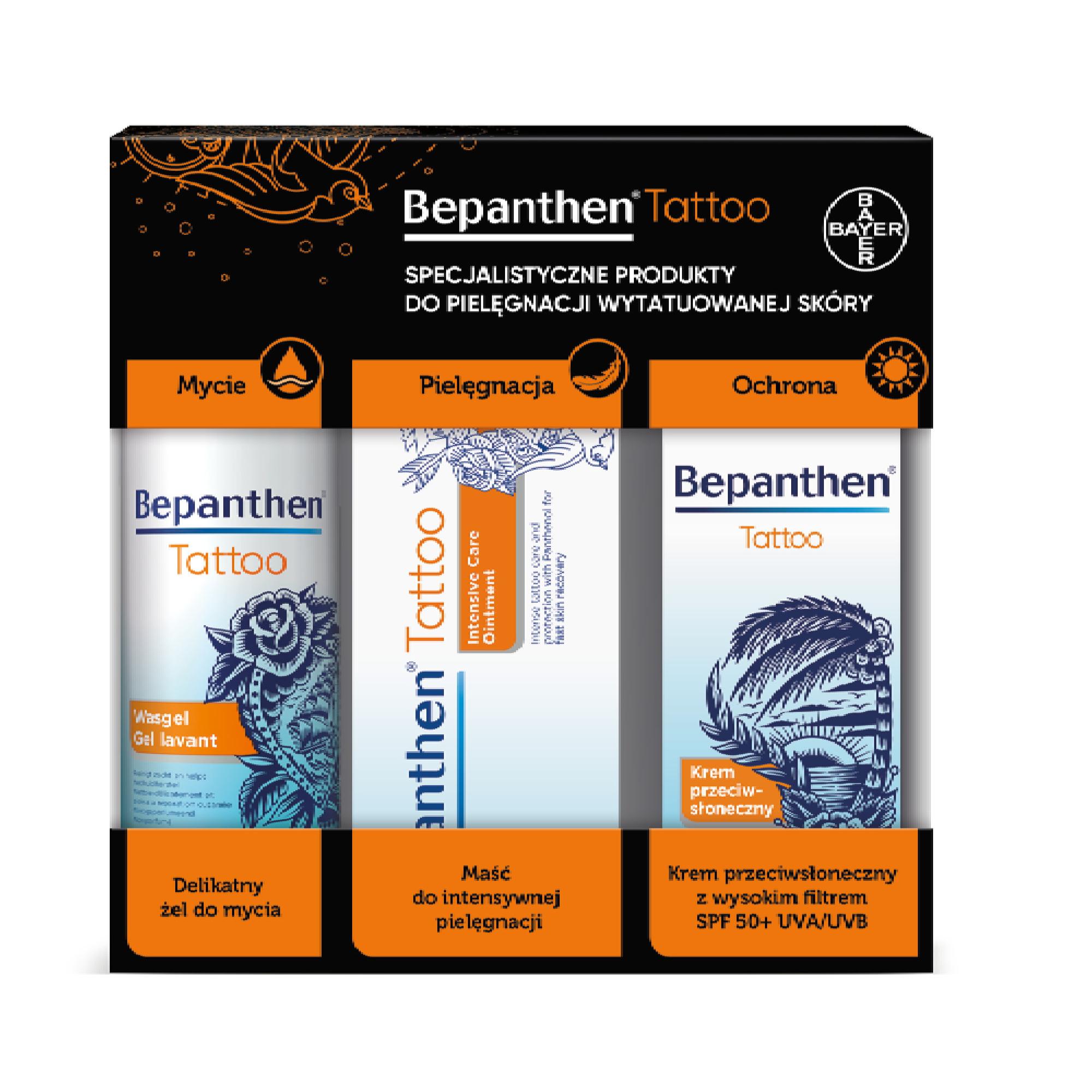 Bephanten Tattoo Delikatny żel do mycia, 200 ml + Maść do intensywnej pielęgnacji, 50 g+ Krem przeciwsłoneczny SPF50+, 50 g zdjęcie