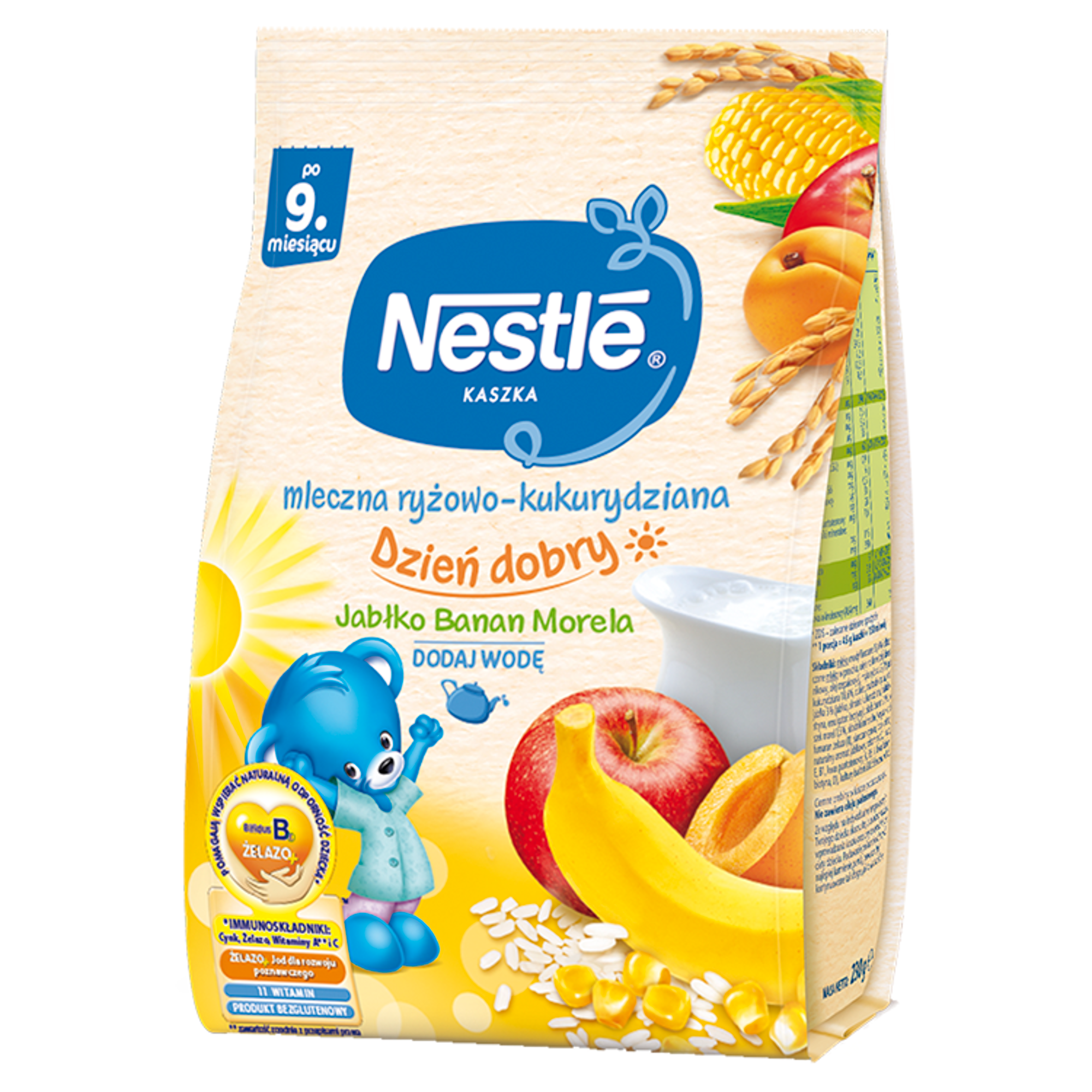 Nestle Dzień dobry Kaszka mleczna ryżowo-kukurydziana banan, jabłko, morela po 9. m-cu - 230 g - cena, opinie, stosowanie zdjęcie