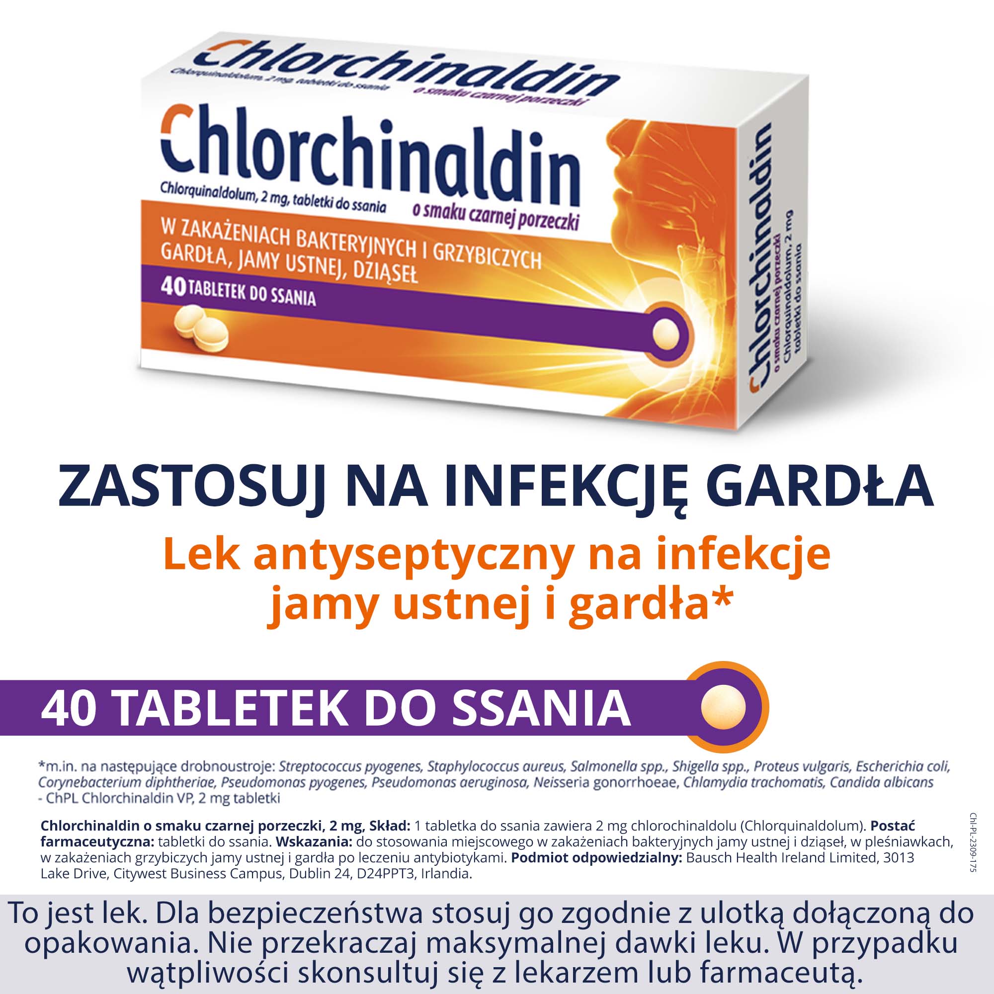 Chlorchinaldin 2mg o smaku czarnej porzeczki 40 tabletek do ssania