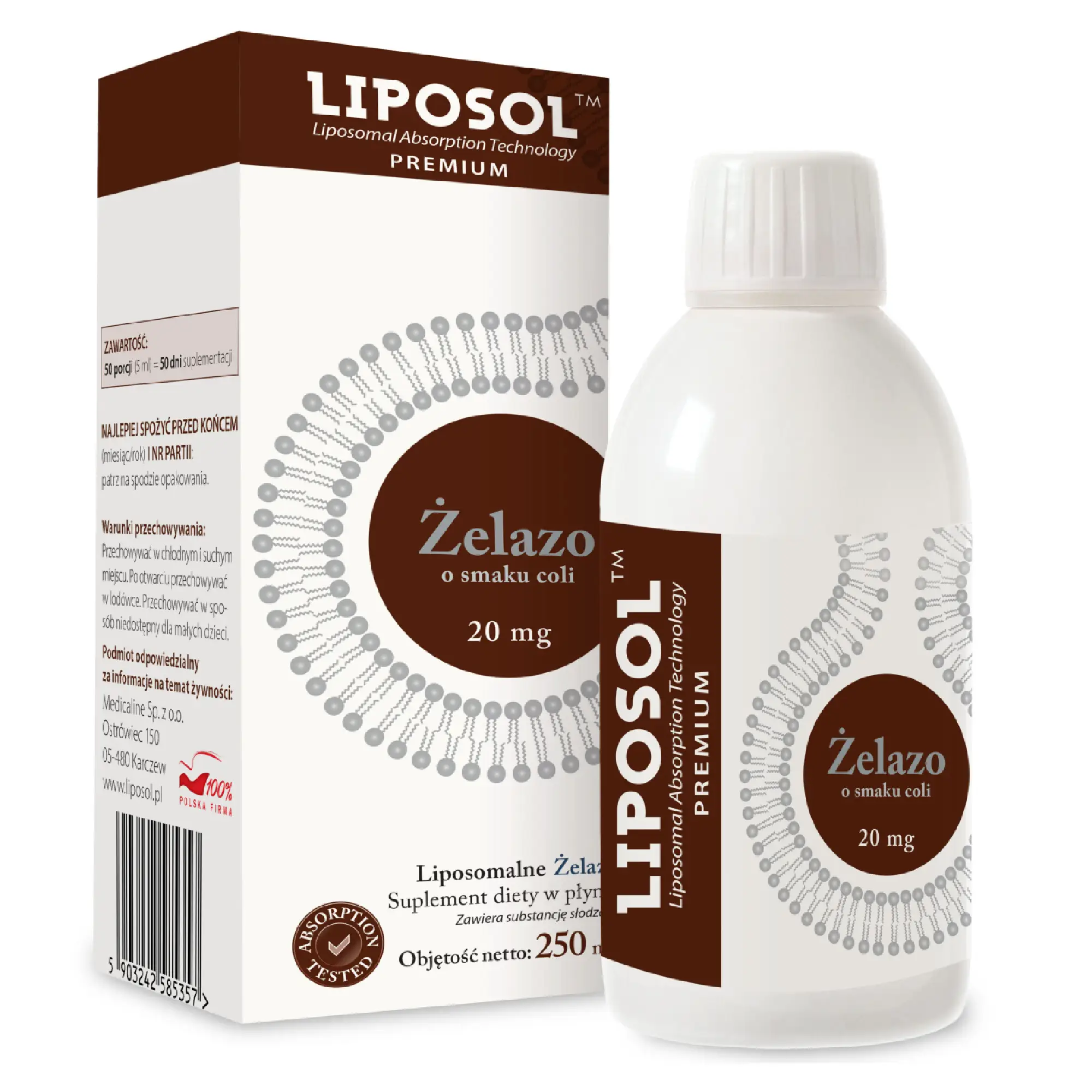 Liposol, Liposomalne Żelazo o smaku coli 20 mg, płyn, 250 ml
