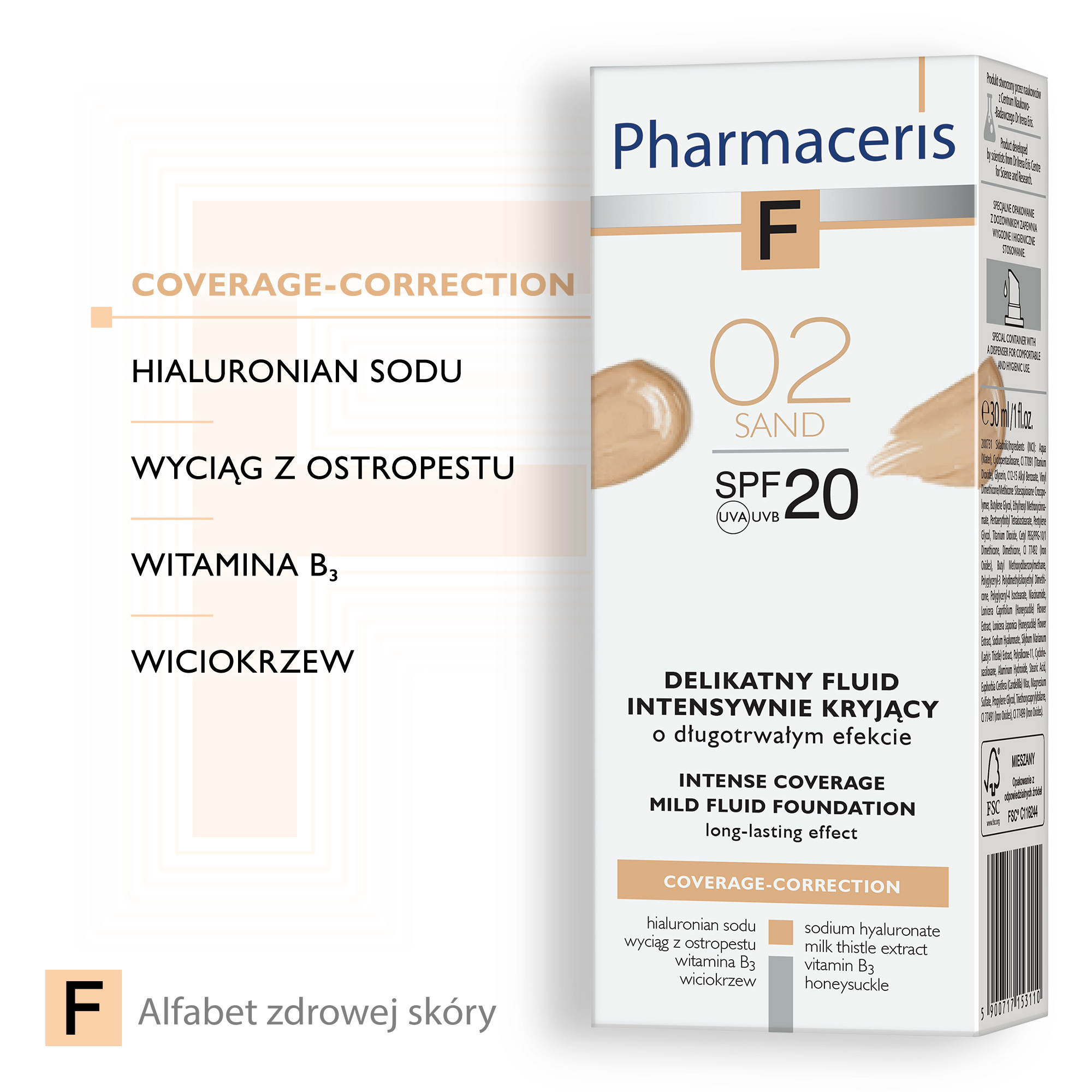 Pharmaceris F, delikatny fluid intensywnie kryjący, Sand 02, SPF 20, 30 ml