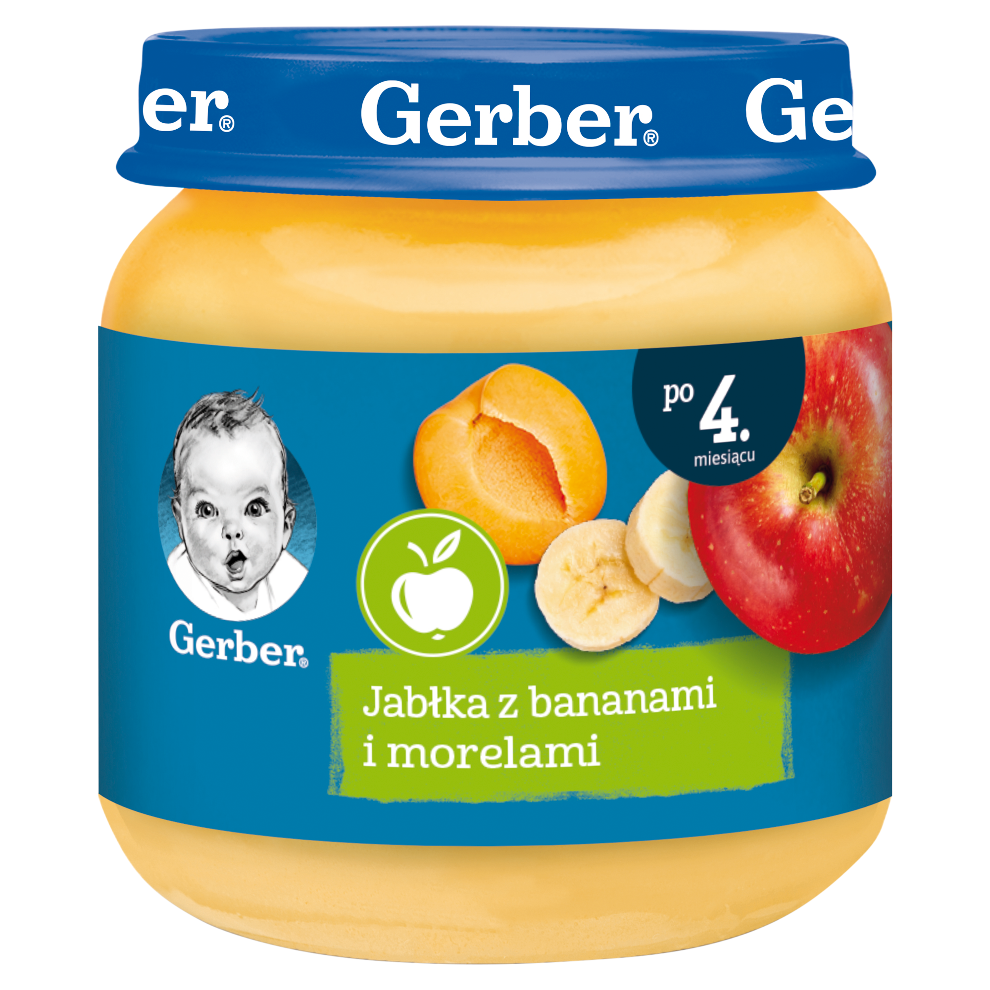 GERBER Deserek jabłka z bananami i morelami po 4 miesiącu, 125 g