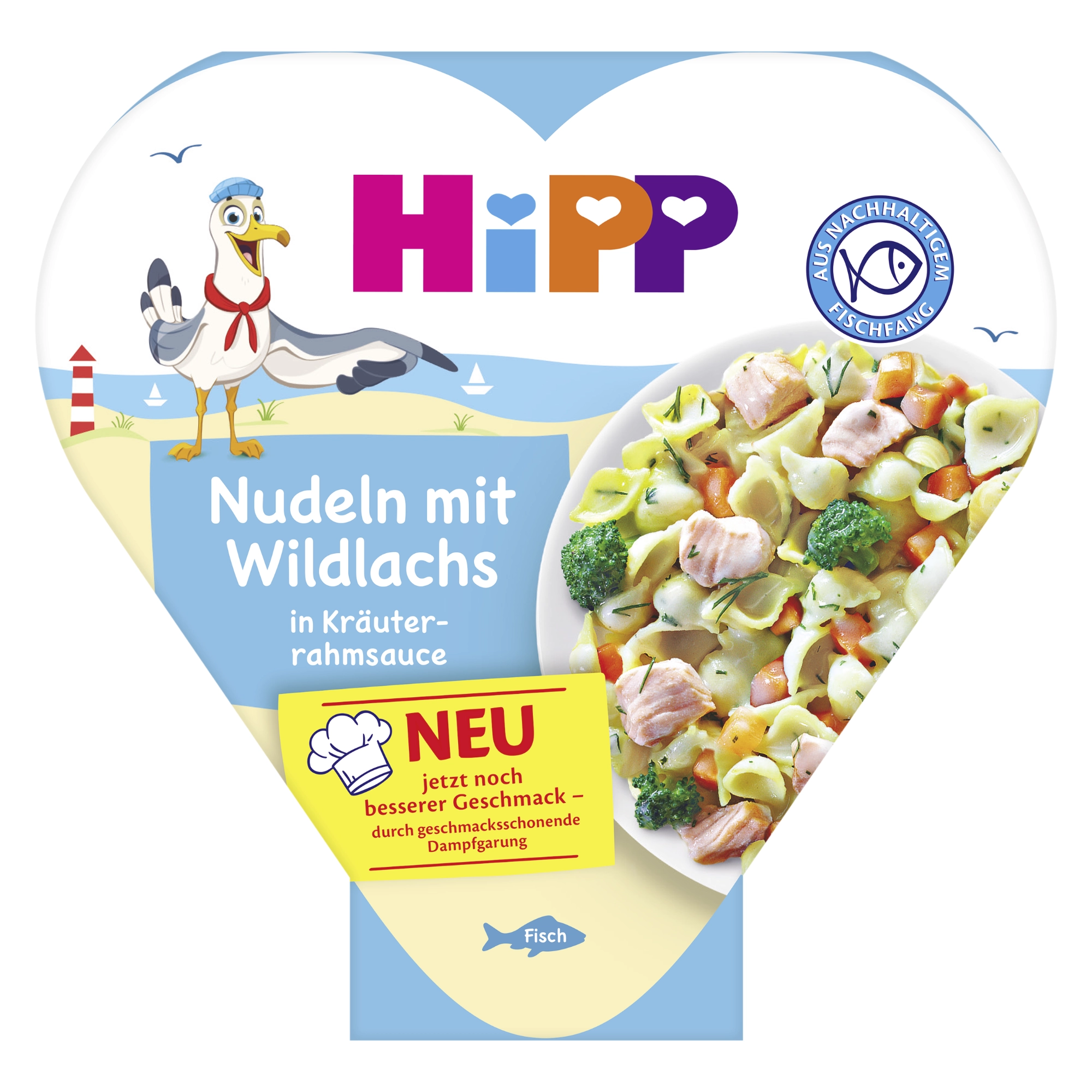 HiPP, Kluseczki z dzikim łososiem w sosie ziołowo-śmietanowym, po 1. roku, 250 g
