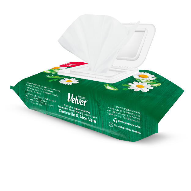 Velvet Rumianek i Aloes, Nawilżany papier toaletowy, 48 sztuk