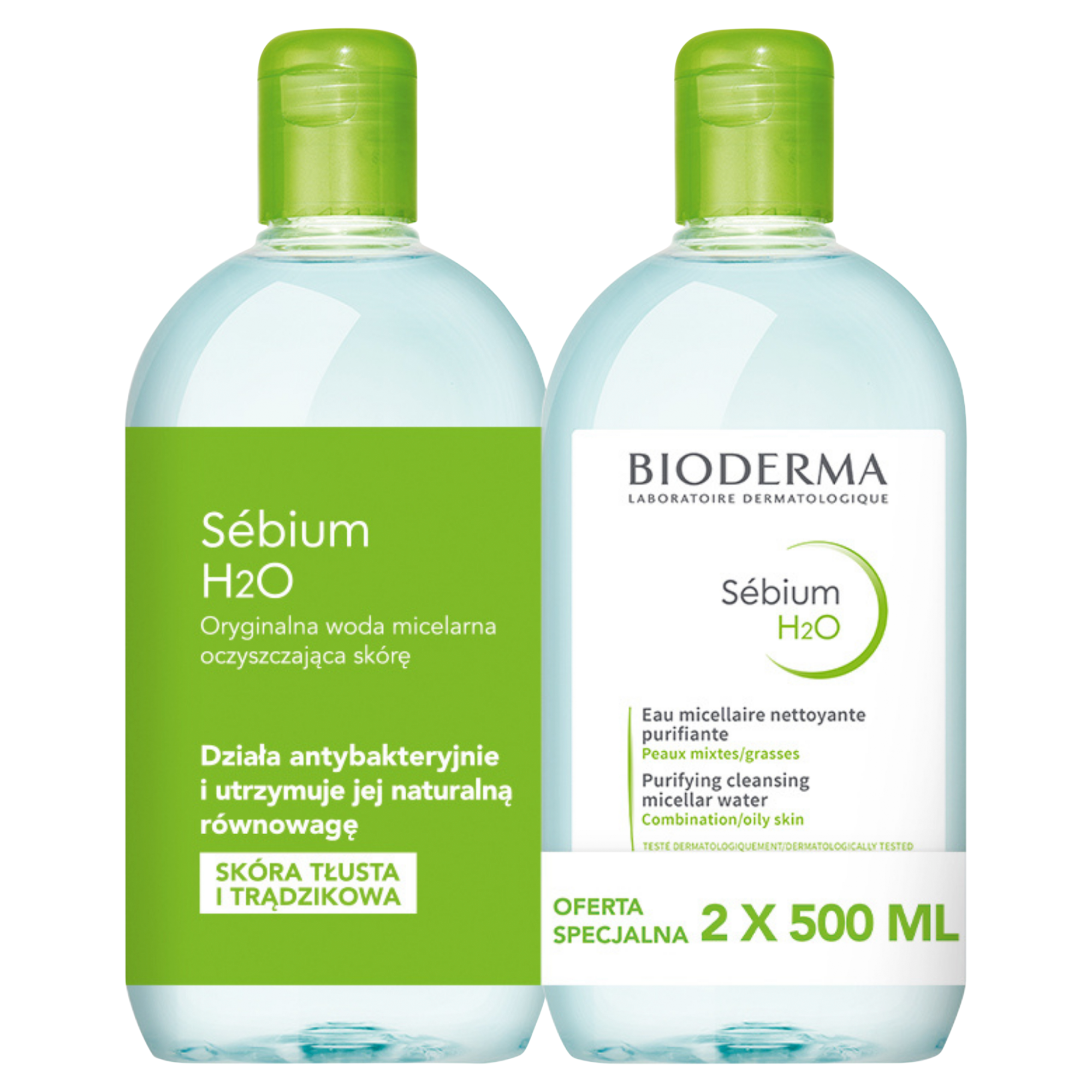 Bioderma Sebium H2O płyn micelarny do skóry mieszanej, tłustej i trądzikowej 2x 500 ml [DWUPAK] zdjęcie