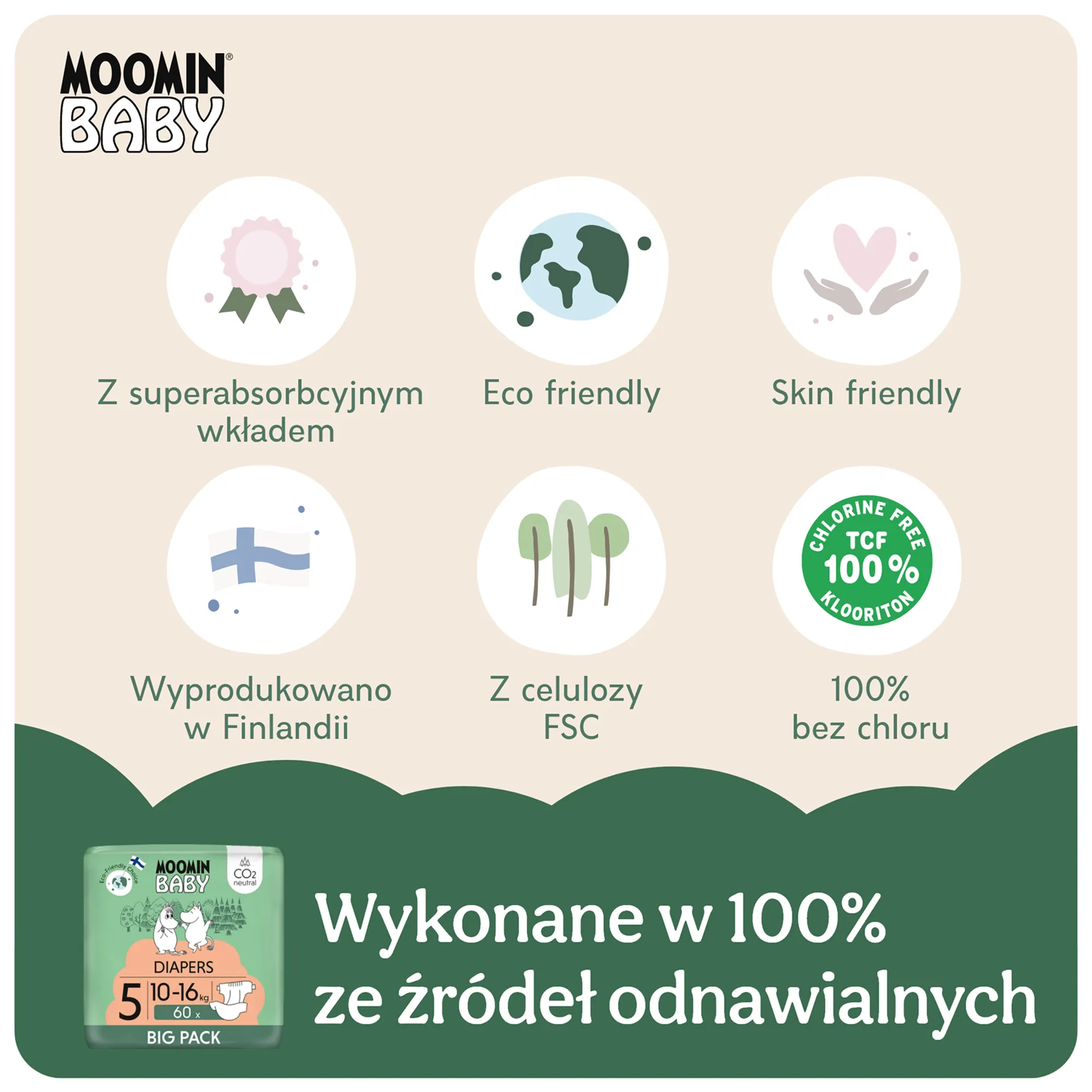 MOOMIN BABY Pieluszki ekologiczne 5 (10-16kg) 60 sztuk