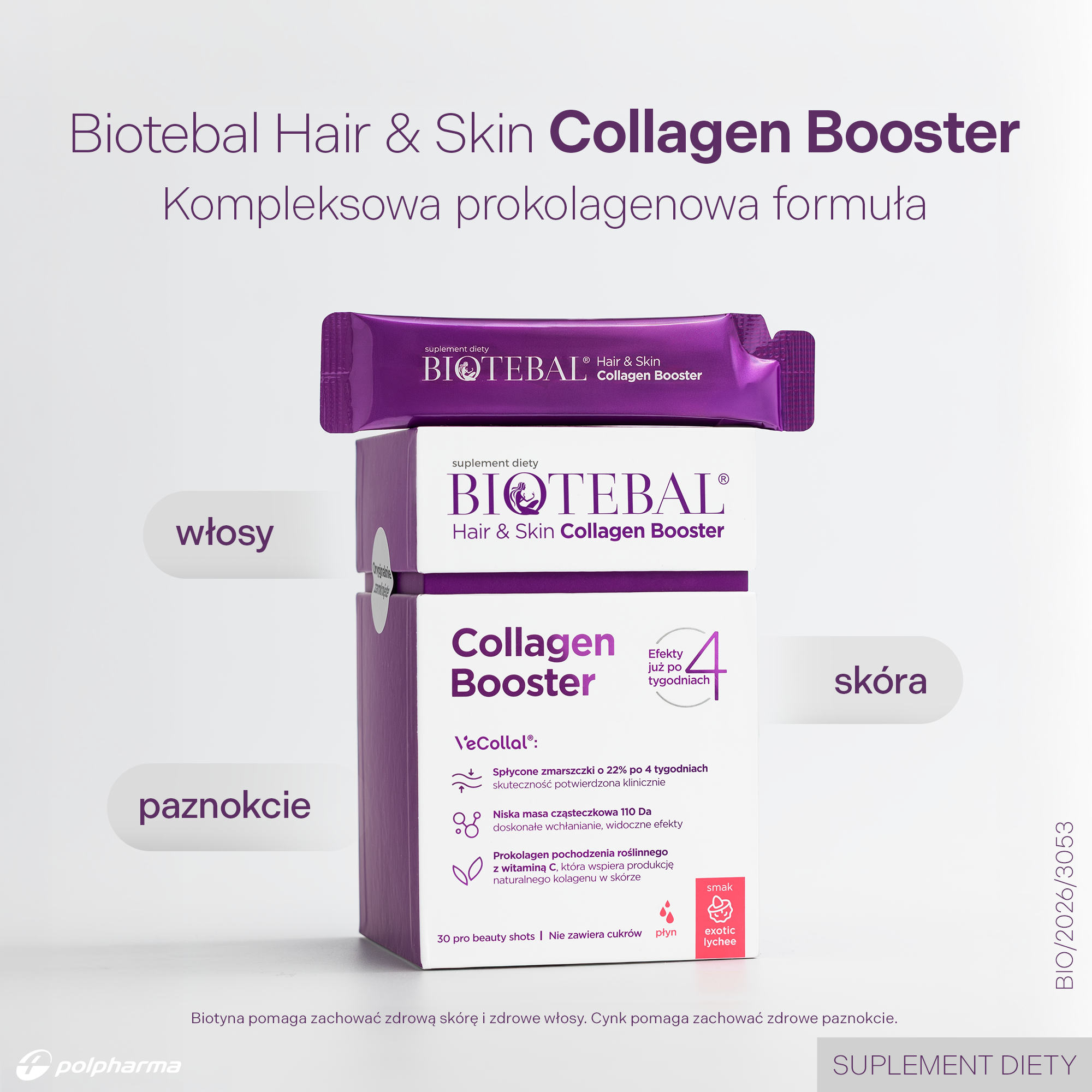 Biotebal Hair&Skin Collagen Booster, saszetki z płynem o smaku liczi, 2 x 30 sztuk