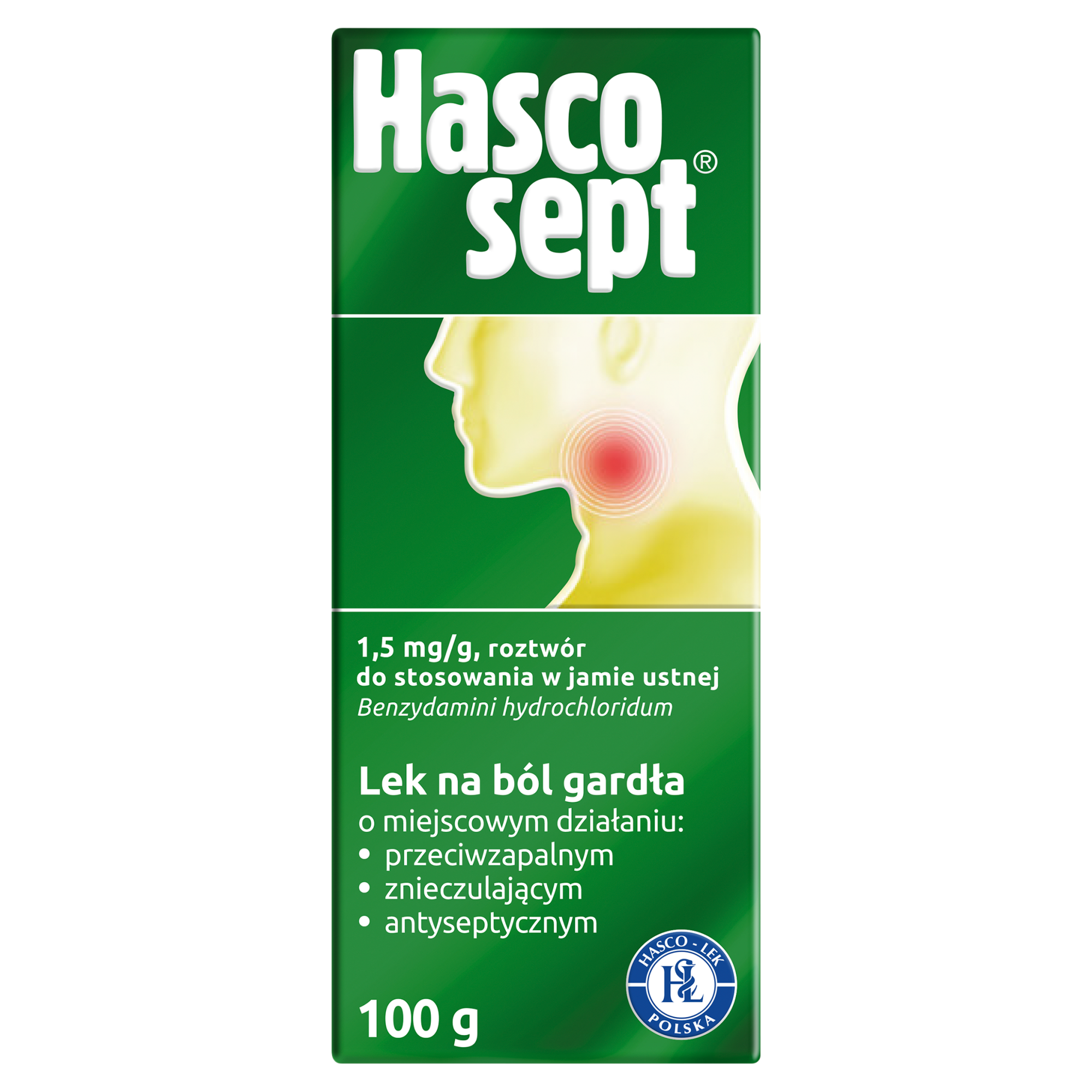 HASCOSEPT Roztwór do stosowania w jamie ustnej 1,5 mg/g, 100 g. Na stany zapalne w jamie ustnej, cena, opinie, wskazania zdjęcie