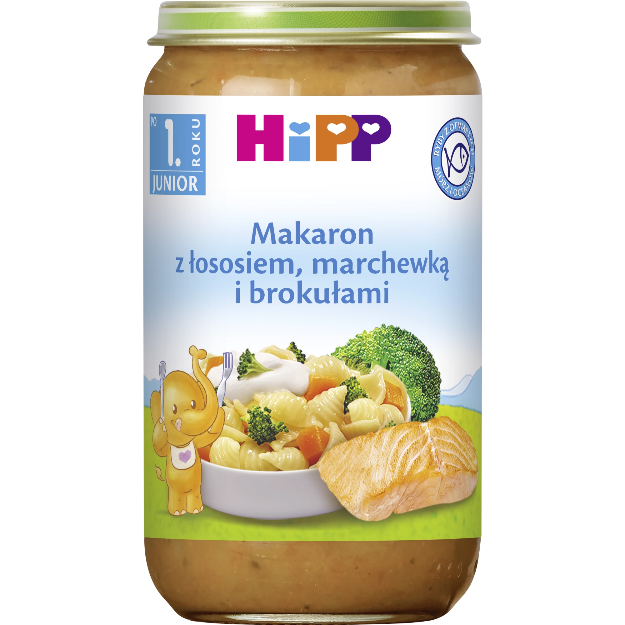 HiPP, Makaron z łososiem, marchewką i brokułami, po 1. roku życia, 250 g.