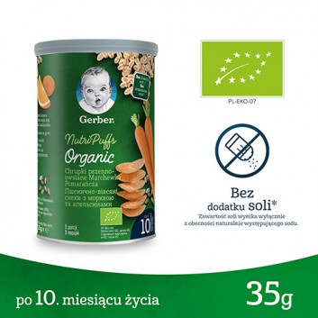 Gerber Organic Chrupki pszenno - owsiane Marchewka Pomarańcza Nutri Puffs po 10 miesiącu - 35 g - cena, opinie, składniki