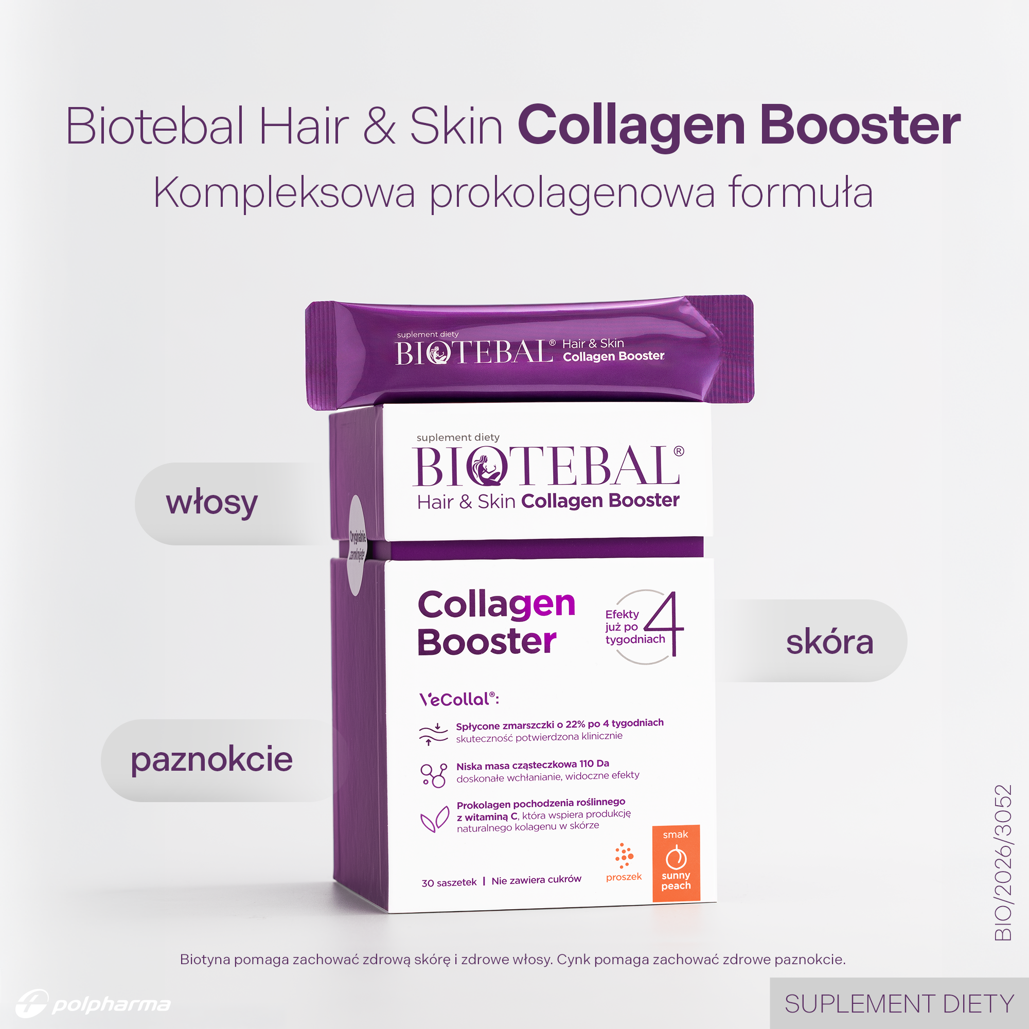 Biotebal Hair&Skin Collagen Booster, saszetki z proszkiem o smaku brzoskwiniowym, 2 x 30 sztuk