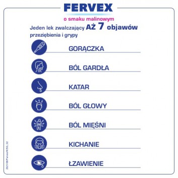 Fervex 500 mg + 25 mg + 200 mg lek na objawy przeziębienia i grypy smak malinowy 12 saszetek