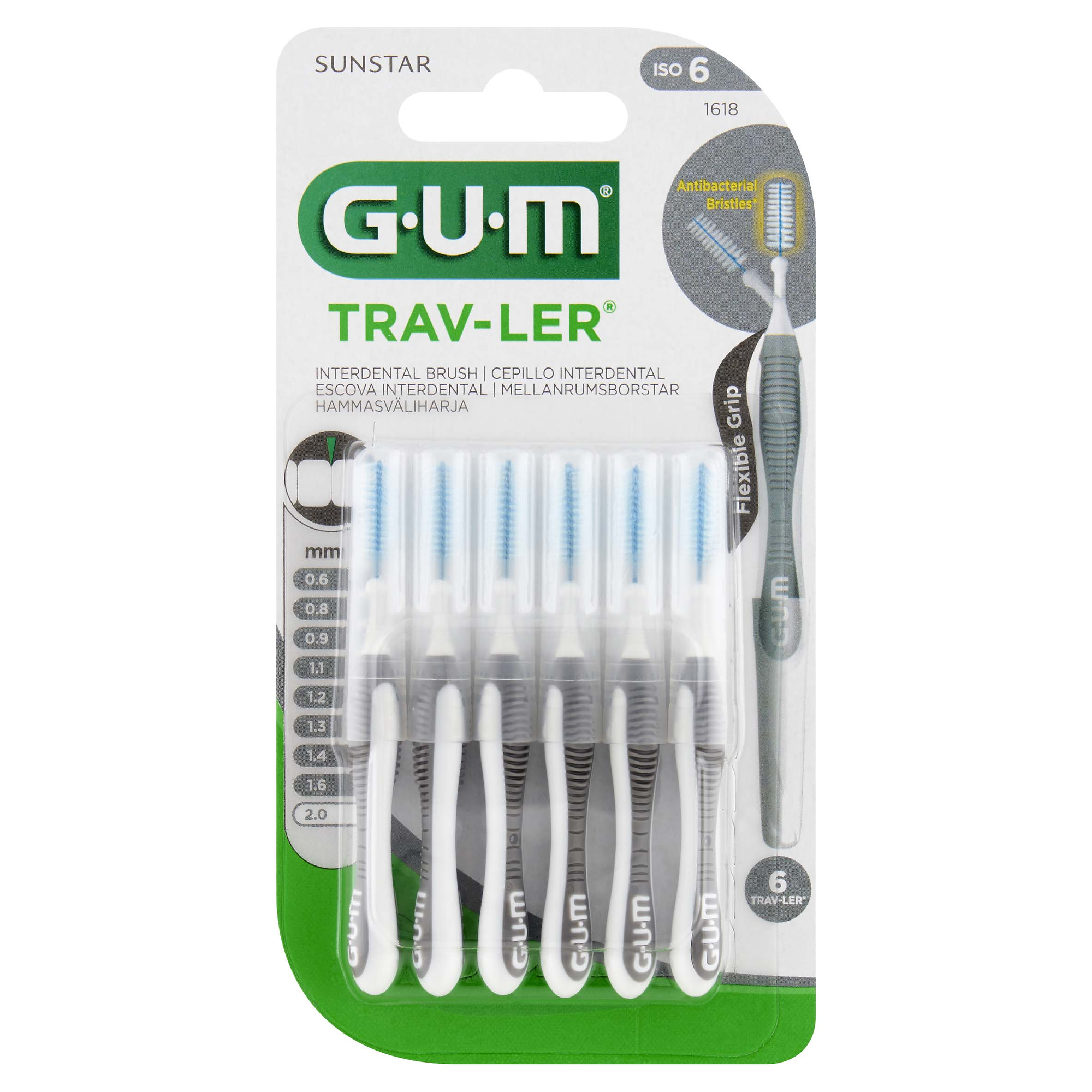 Sunstar Gum Trav-Ler, szczoteczki międzyzębowe szare 2,0 mm, 6 sztuk