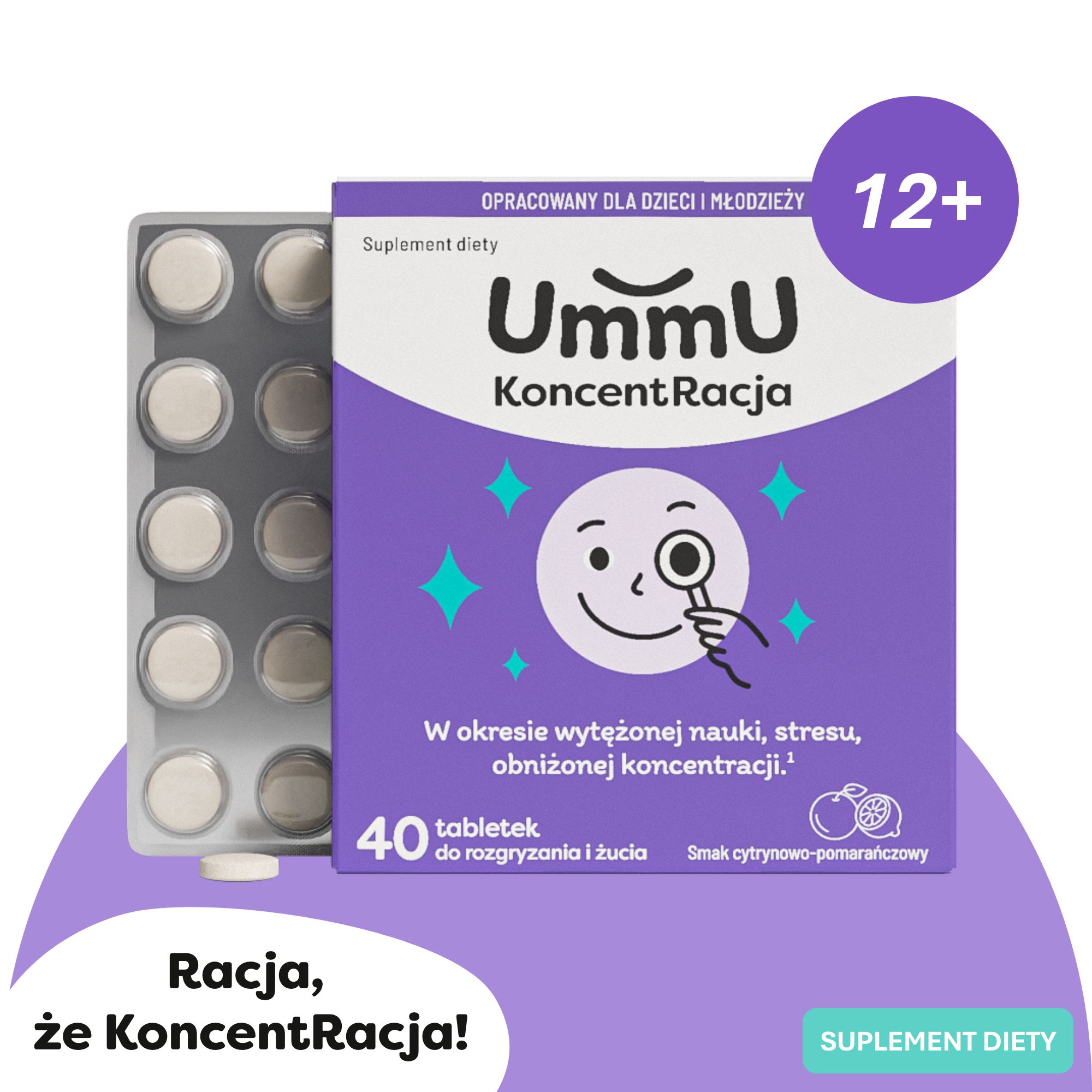 UmmU Koncetracja 12+, tabletki do rozgryzania, 40 sztuk 