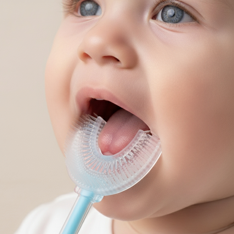 Bocioland, silikonowa szczoteczka do zębów w kształcie U niebieska, 1 sztuka