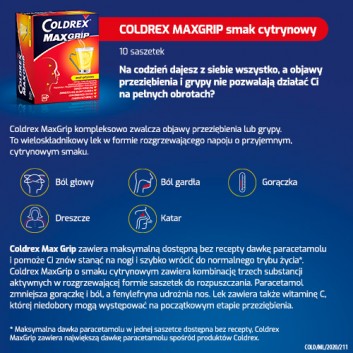 Coldrex MaxGrip 1000 mg + 10 mg + 40 mg o smaku cytrynowym 10 saszetek