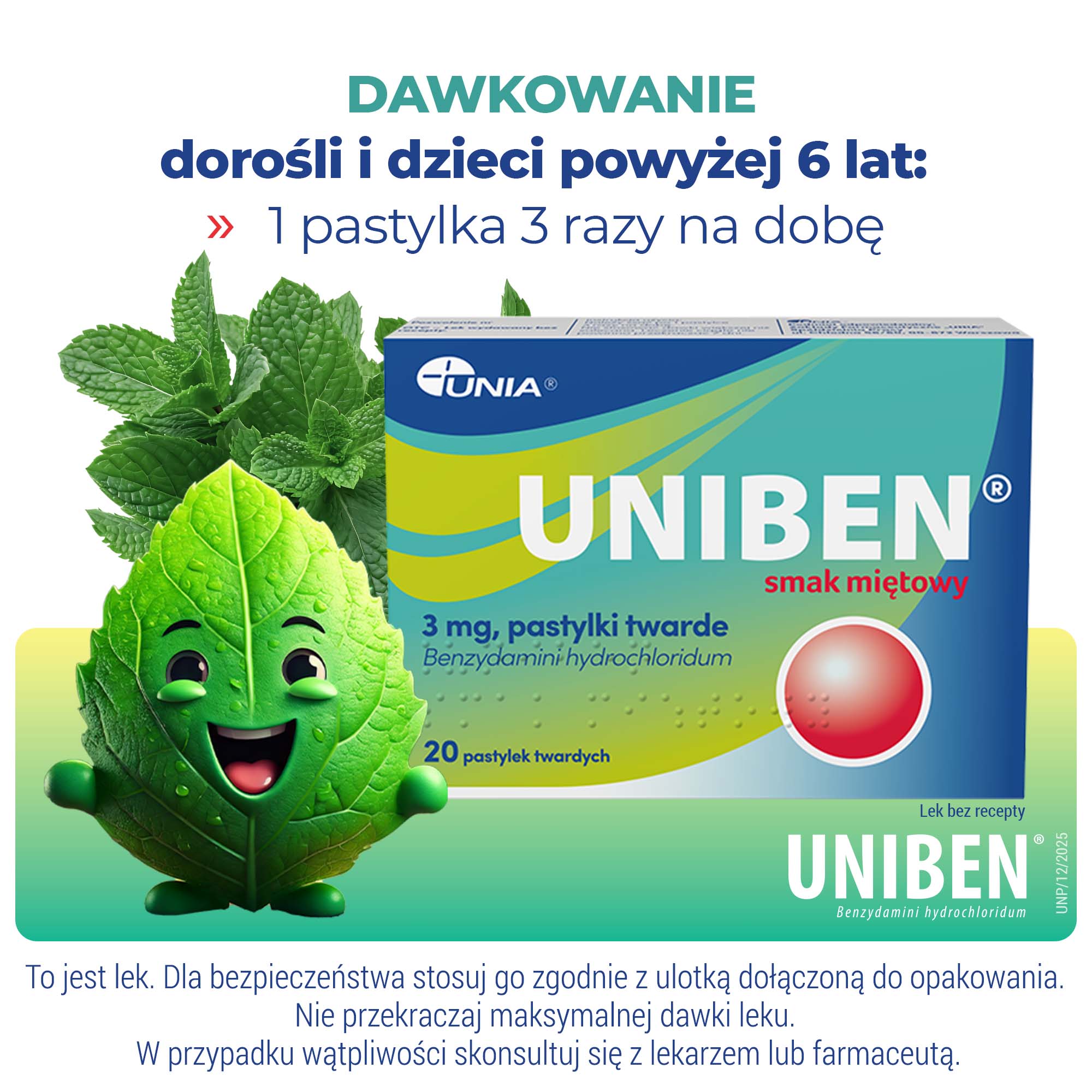 Uniben smak miętowy, 3 mg, pastylki twarde, 20 sztuk
