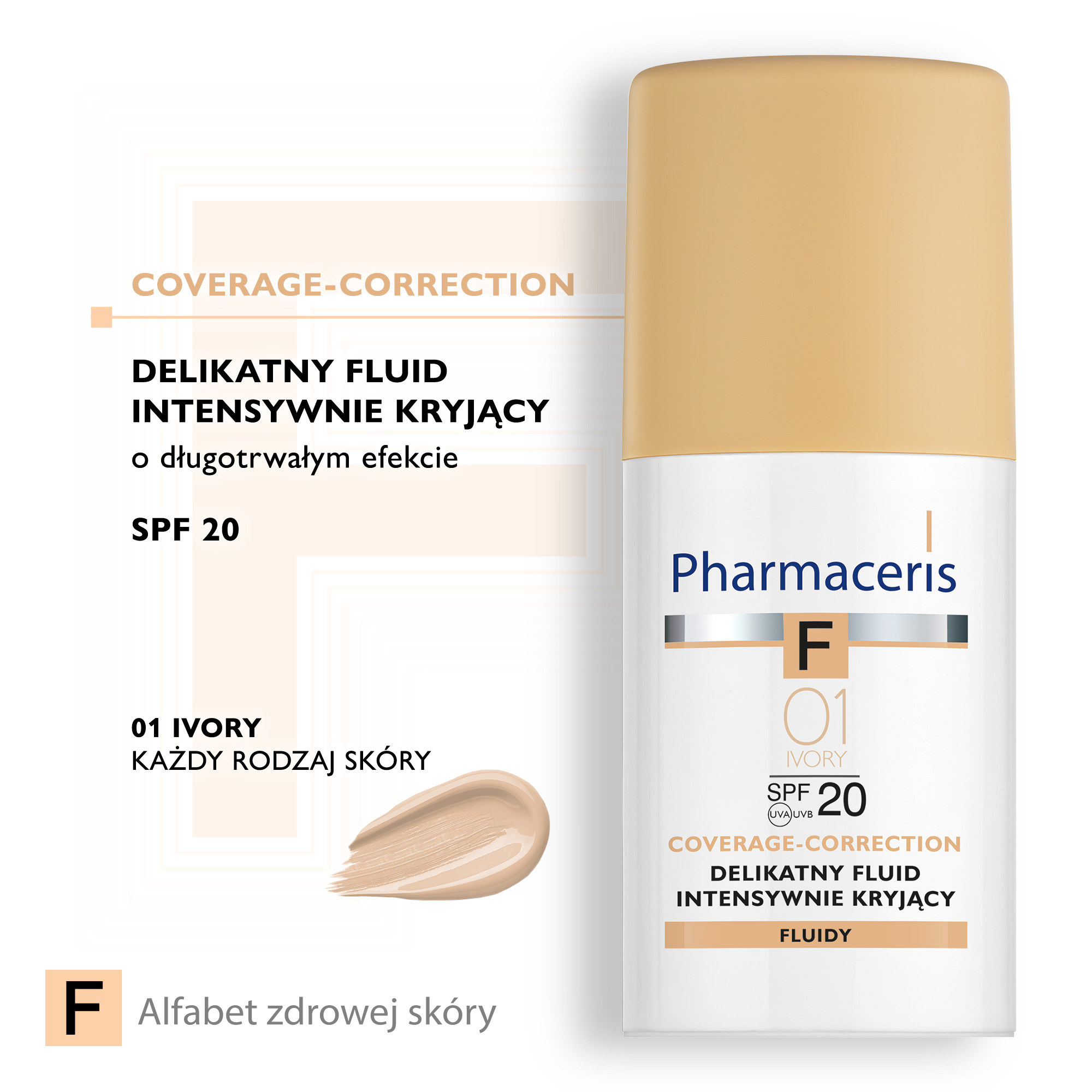 PHARMACERIS F, delikatny fluid intensywnie kryjący SPF 20 ivory 01 (kość słoniowa), 30 ml