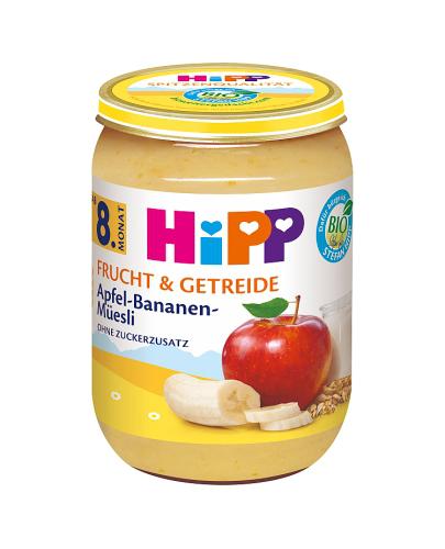 Hipp Jabłka i banany z musli BIO, 190 g  
Skład: 100% składników pochodzenia ekologicznego: jabłka suszone (25%), banany suszone (25%), płatki owsiane (22%), płatki jęczmienne (18%), płatki pszenne (10%). zdjęcie