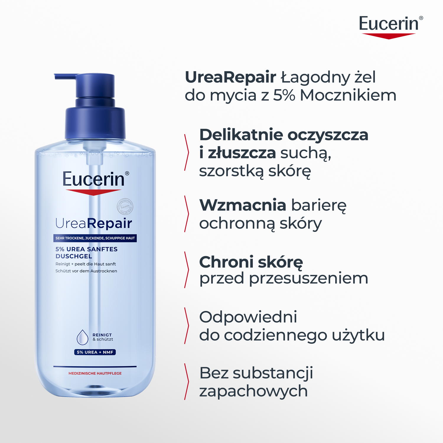 Eucerin UreaRepair Łagodny żel do mycia z 5% Mocznikiem + Emulsja z 10% Mocznikiem, 2 x 400 ml 