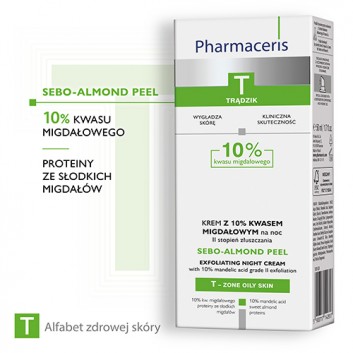 Pharmaceris T Sebo-Almond Peel 10%, krem z 10% kwasem migdałowym, na noc, II stopień złuszczania, 50 ml