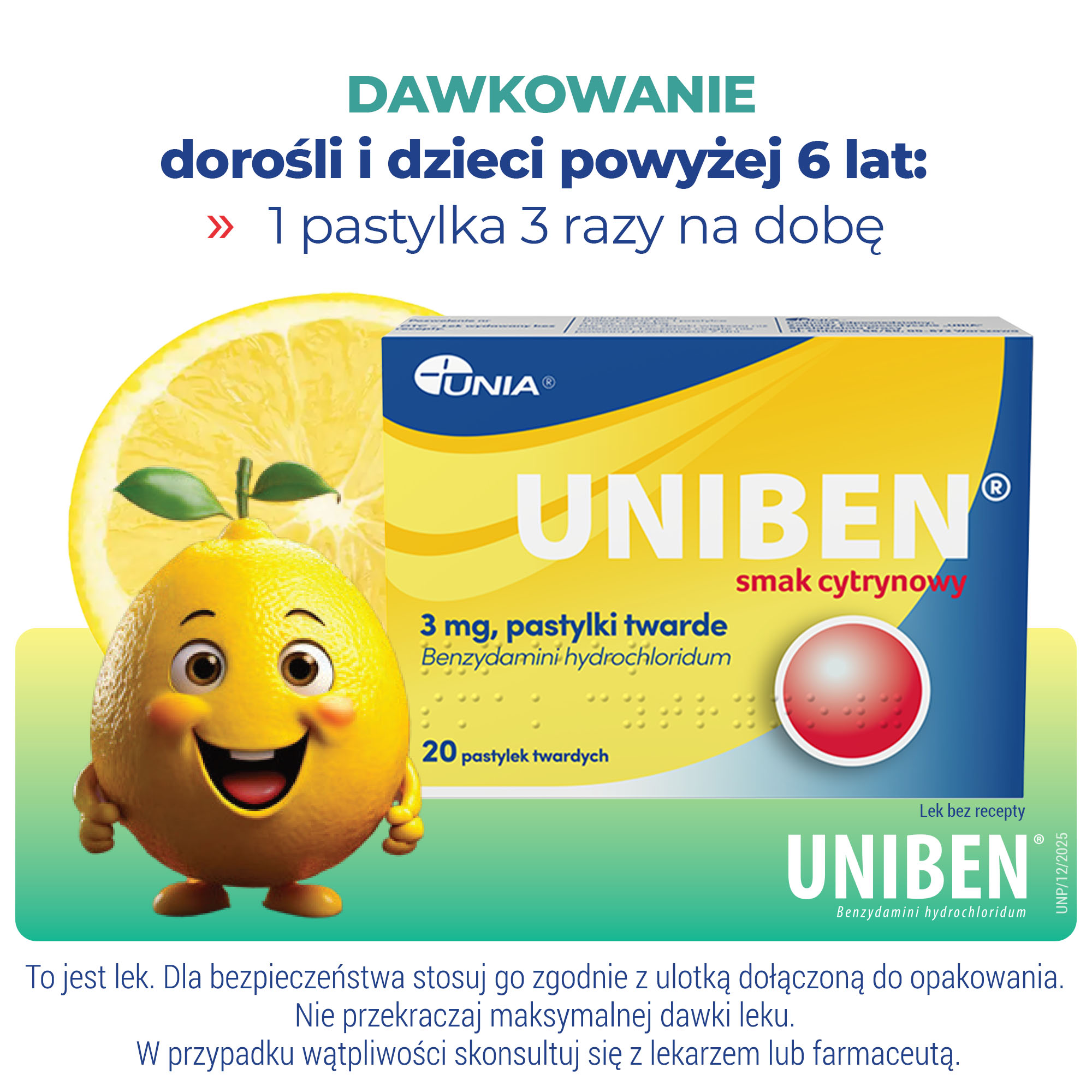 Uniben smak cytrynowy, 3 mg, pastylki twarde, 20 sztuk