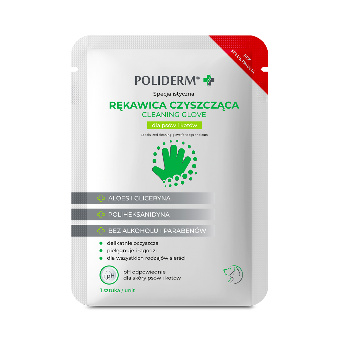 Poliderm Rękawica czyszcząca nasączona delikatnym płynem czyszczącym dla psów i kotów, 1 sztuka zdjęcie
