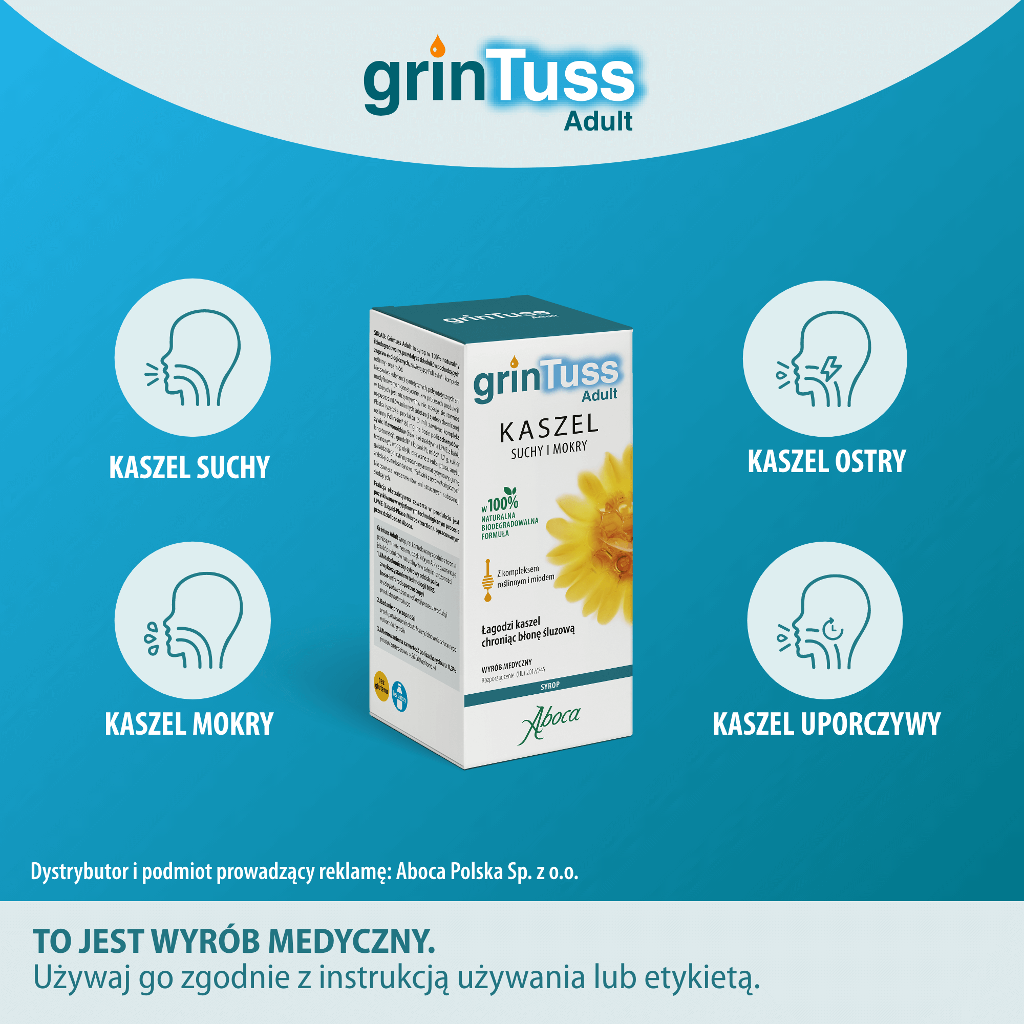Aboca, grinTuss Adult, kaszel suchy i mokry, syrop, 180 g