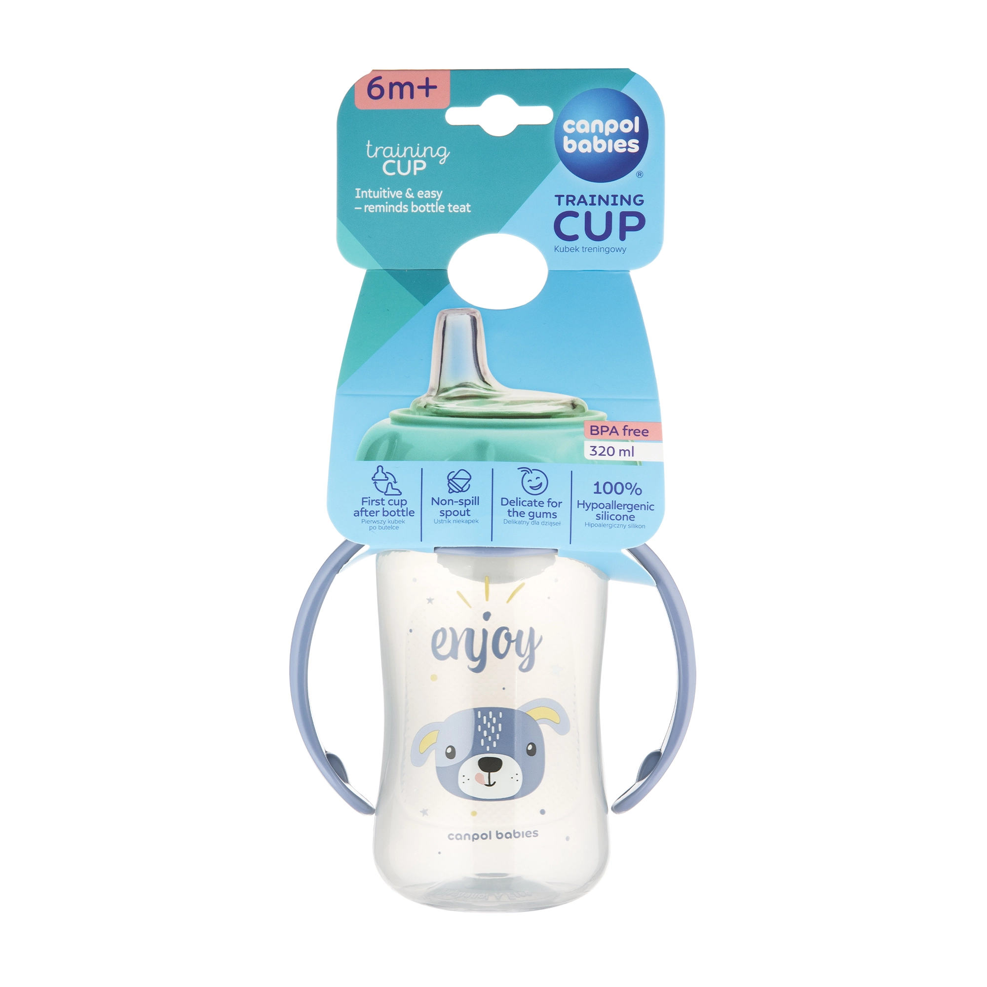Canpol Babies Cute Animals kubek treningowy z silikonowym ustnikiem i uchwytami niebieski piesek 320 ml [56/512] zdjęcie