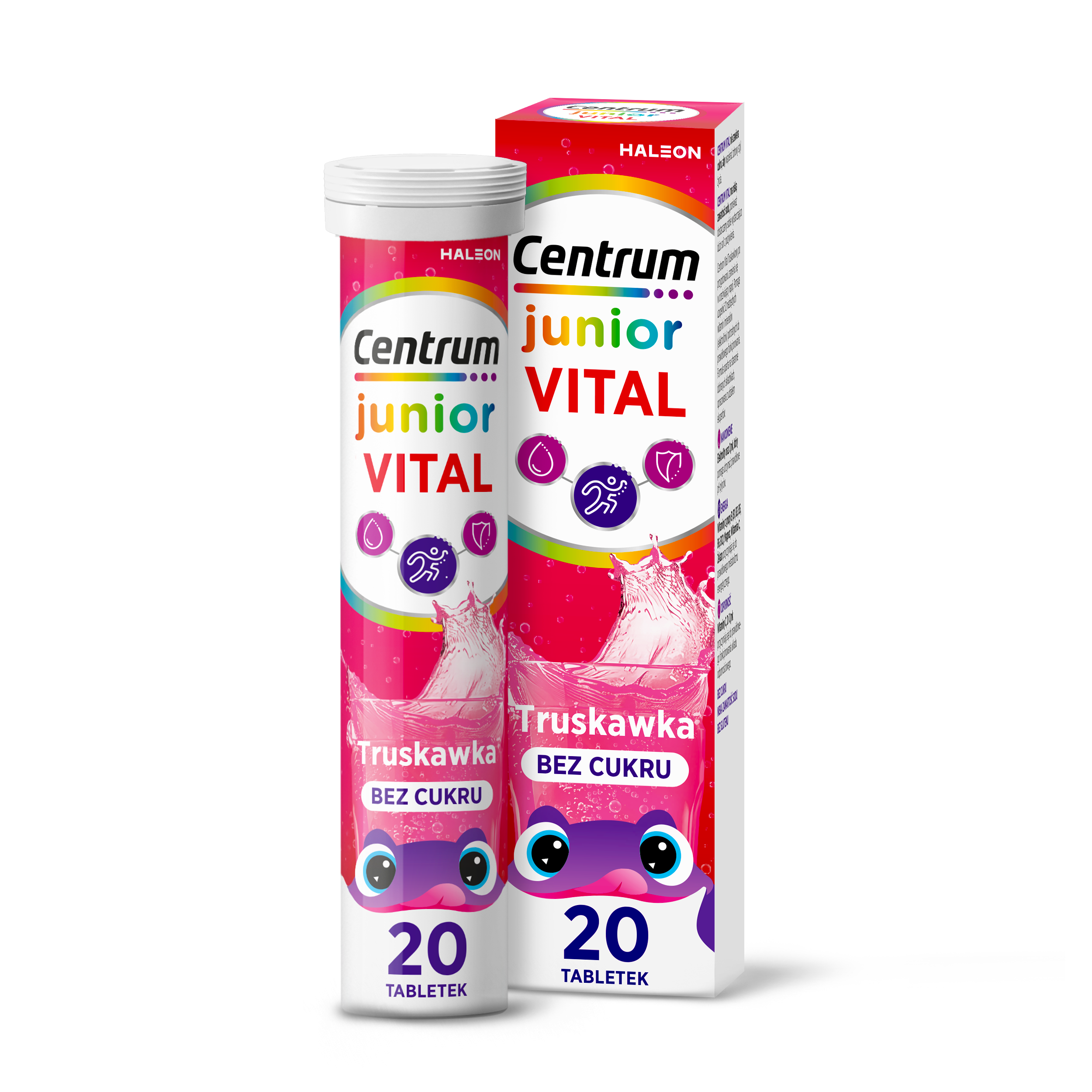 Centrum Vital Junior dla dzieci 4+, smak truskawkowy, bez cukru, tabletki musujące, 20 sztuk