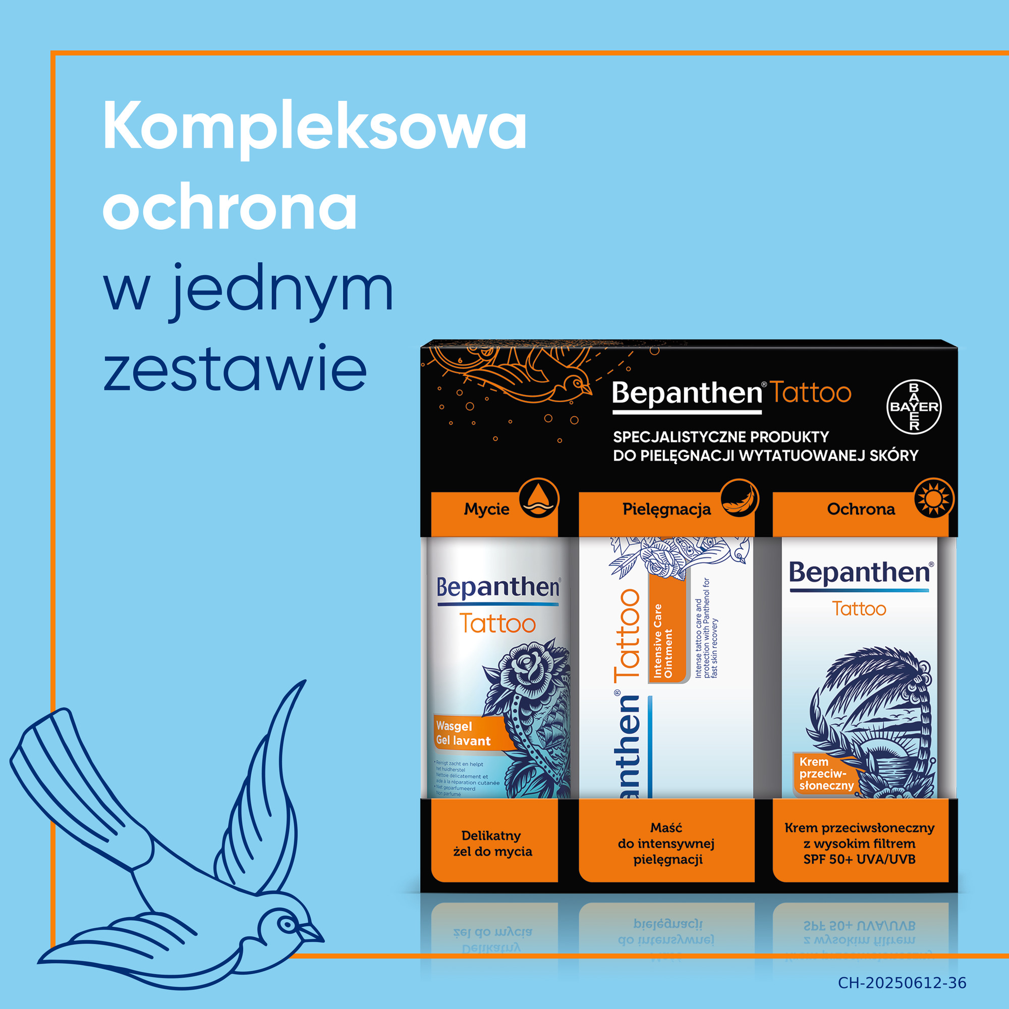 Bepanthen Tattoo Delikatny żel do mycia, 200 ml + Maść do intensywnej pielęgnacji, 50 g+ Krem przeciwsłoneczny SPF50+, 50 g
