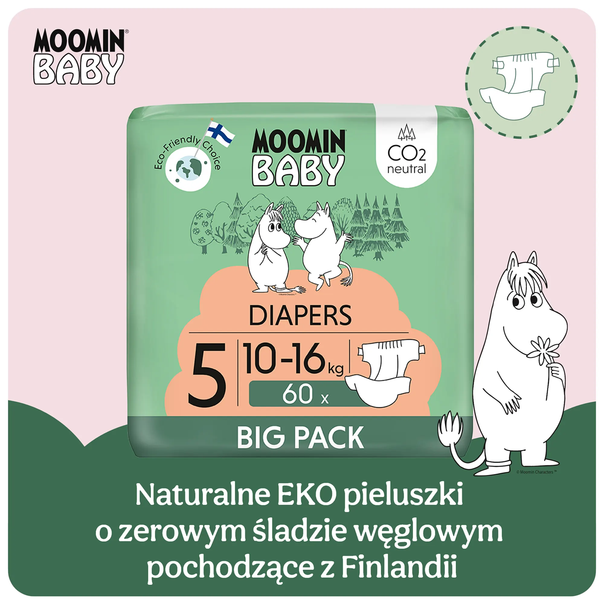 MOOMIN BABY Pieluszki ekologiczne 5 (10-16kg) 60 sztuk