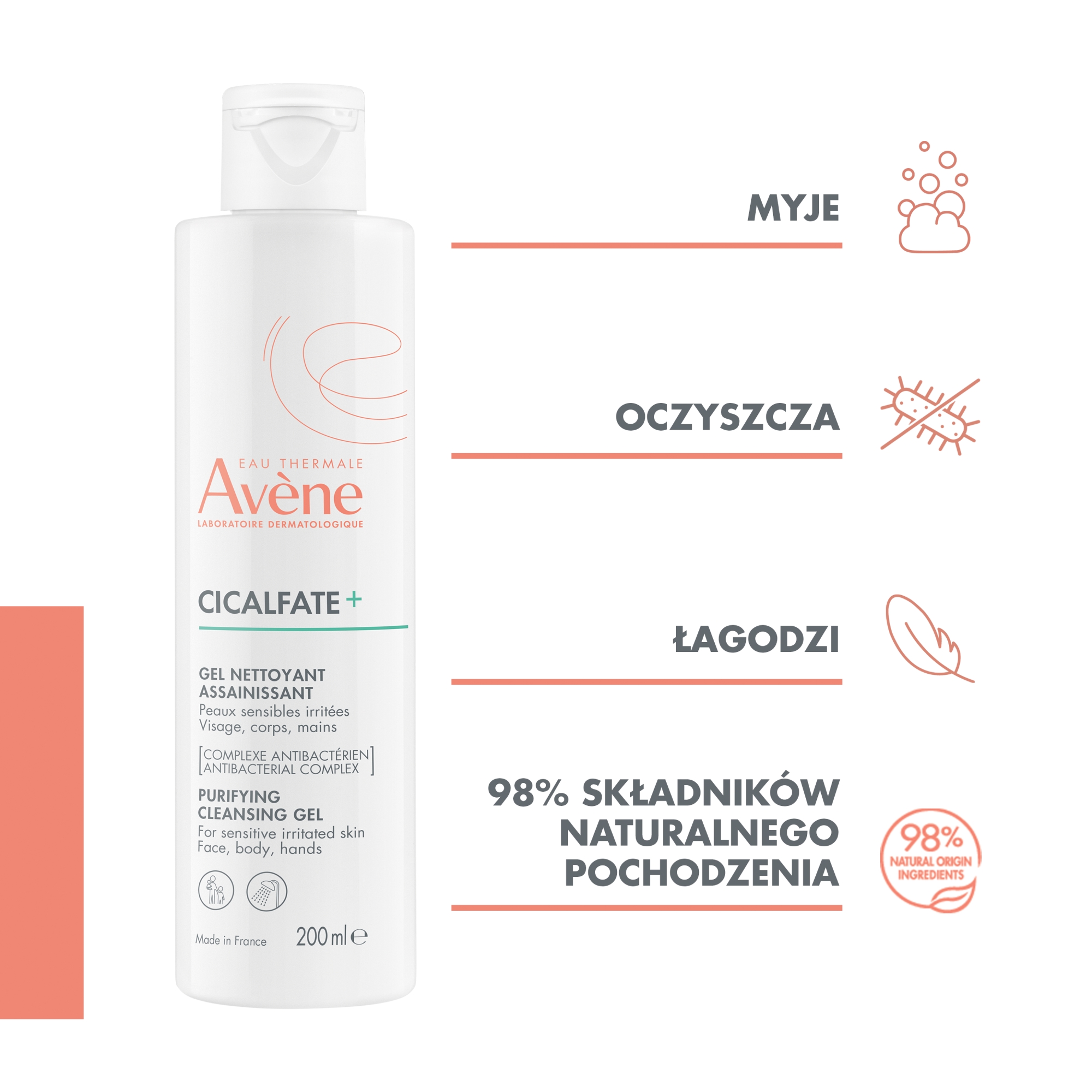 Avene Cicalfate+, oczyszczający żel do mycia, 200 ml