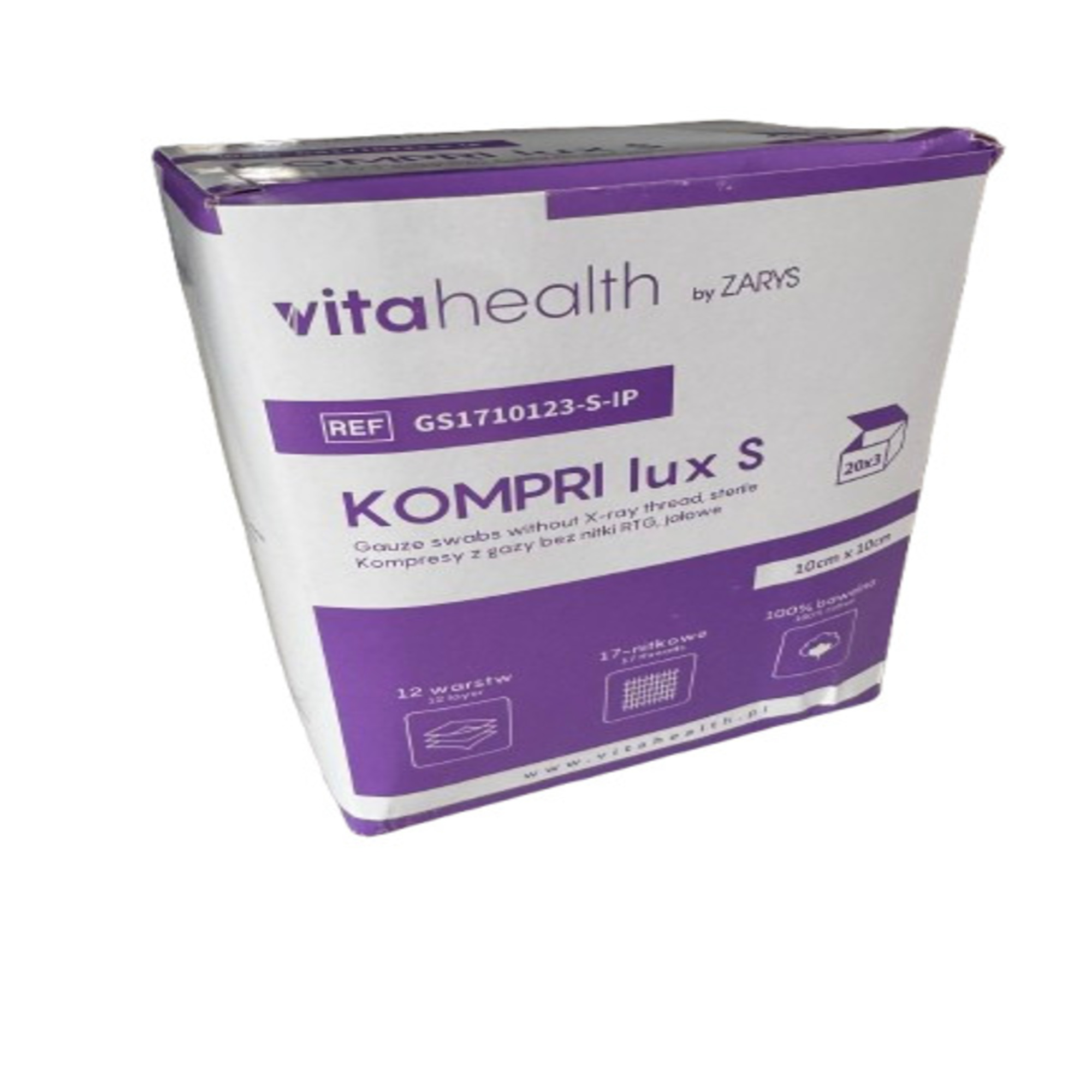 Kompresy jałowe (IP) KOMPRI LUX S z gazy 17N 12W 10cmx10cmx3szt, 20 szt zdjęcie