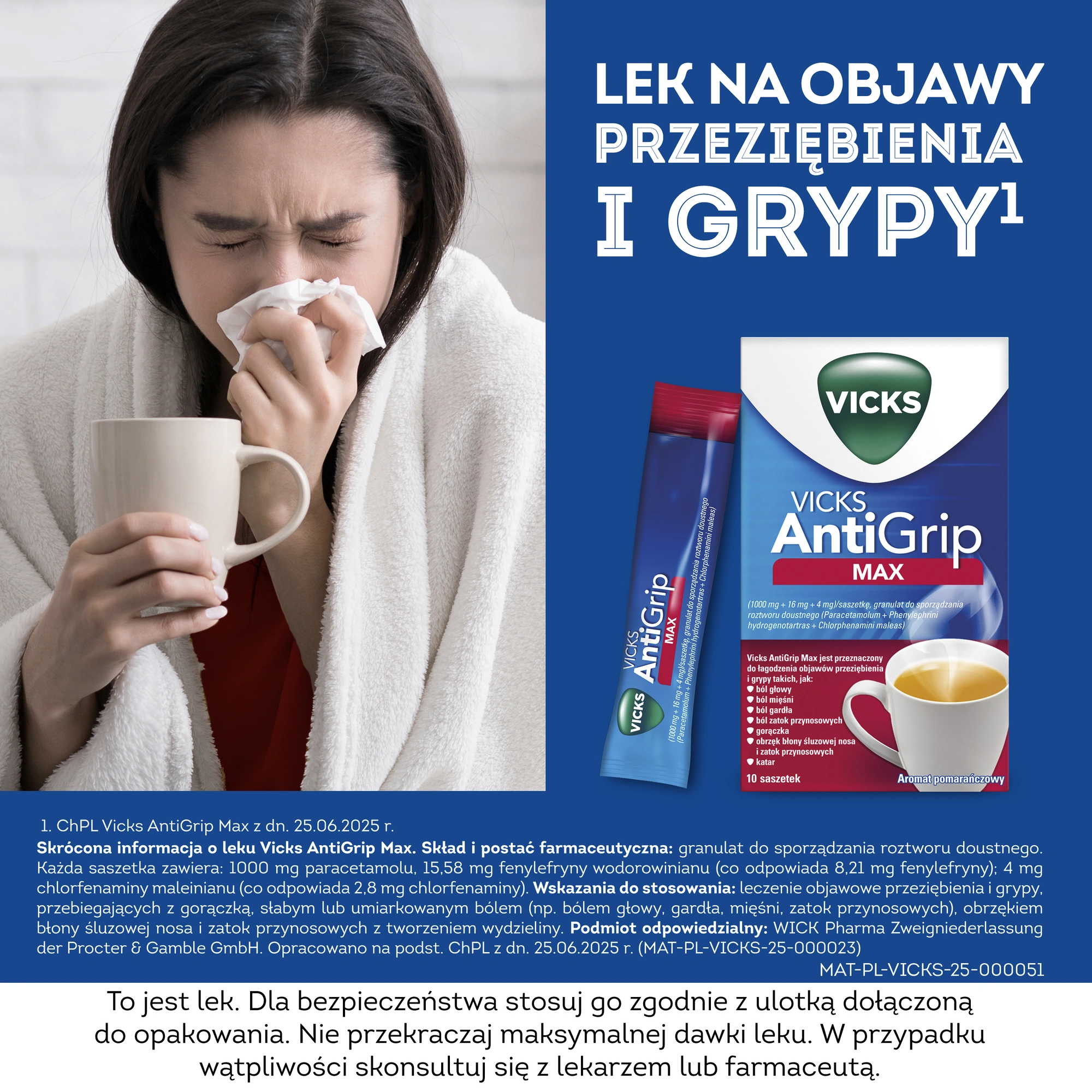 Vicks AntiGrip Max 1000 mg + 16 mg + 4 mg o aromacie pomarańczowym 10 saszetek