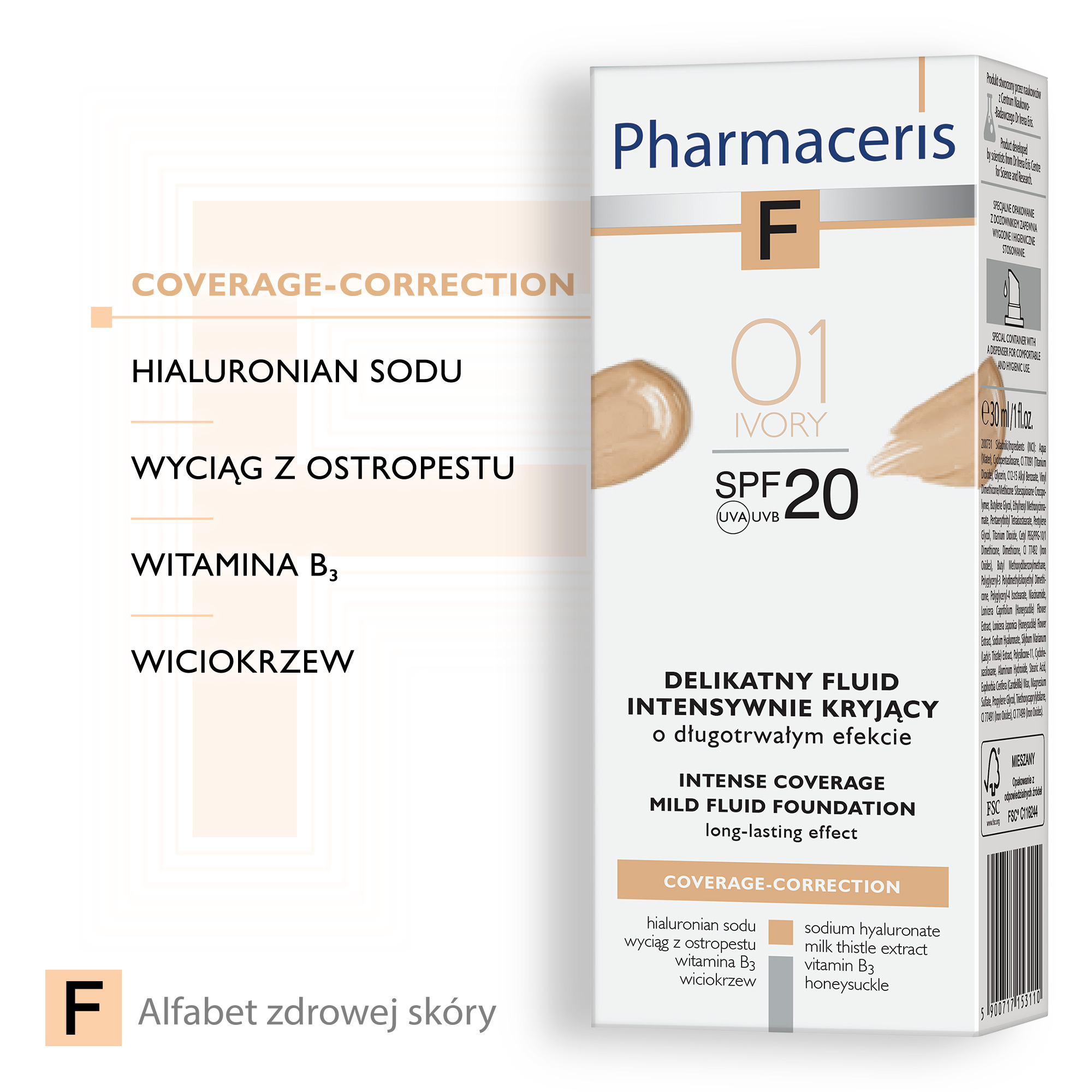 PHARMACERIS F, delikatny fluid intensywnie kryjący SPF 20 ivory 01 (kość słoniowa), 30 ml