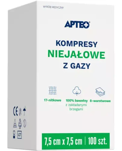 Apteo kompresy niejałowe z gazy 7,5 cm x 7,5 cm 100 sztuk zdjęcie