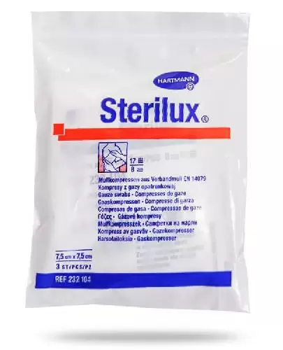 Hartmann Sterilux kompresy jałowe ze 100% gazy bawełnianej 17 nitek 8 warstw 7.5cm x 7.5cm 3 sztuki zdjęcie