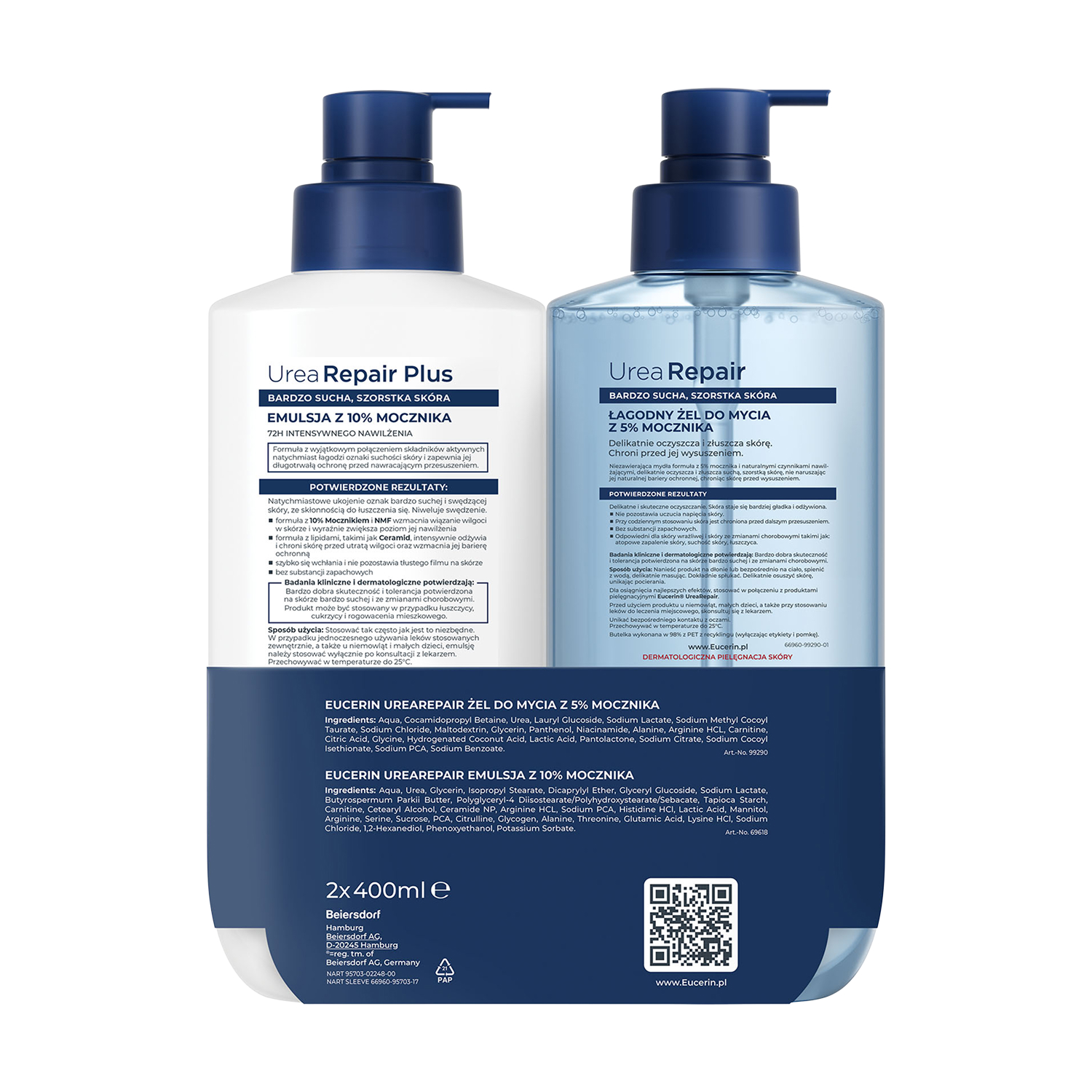 Eucerin UreaRepair Łagodny żel do mycia z 5% Mocznikiem + Emulsja z 10% Mocznikiem, 2 x 400 ml 
