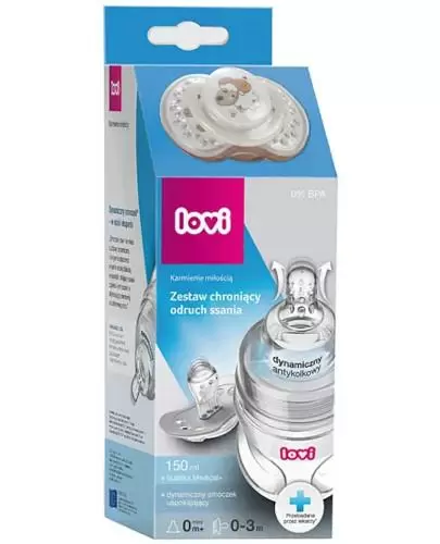 LOVI DYNAMIC+ Butelka - 150 ml + LOVI Dynamiczny smoczek uspokajający 0-3 m-cy - 1 szt. zdjęcie
