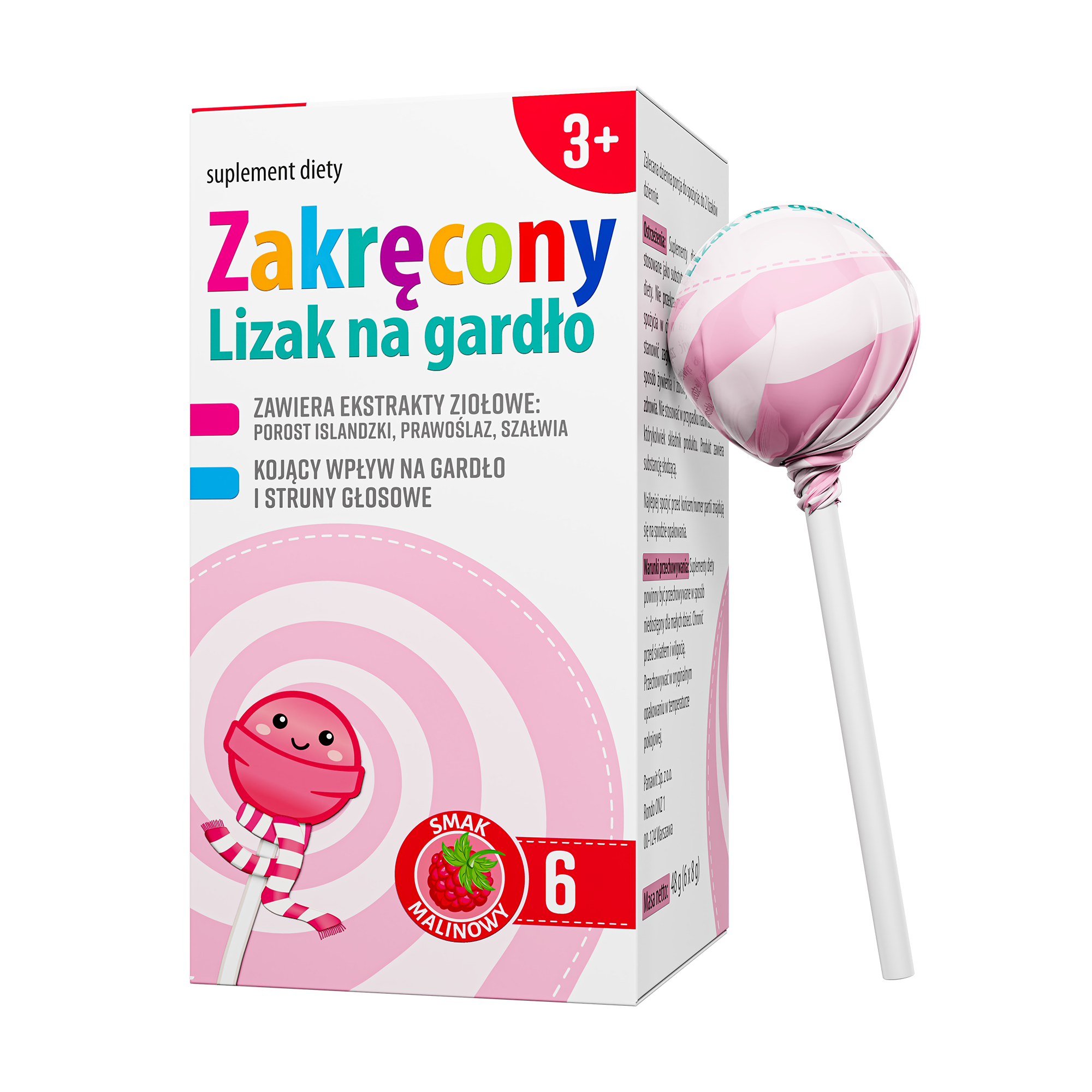 Zakręcony lizak na gardło smak malinowy, 6 sztuk