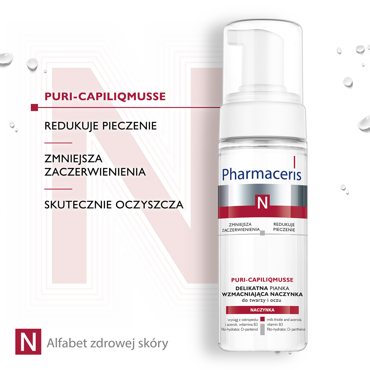 Pharmaceris N Puri-Capiliqmusse, delikatna pianka wzmacniająca naczynka, do mycia twarzy i oczu, 150 ml