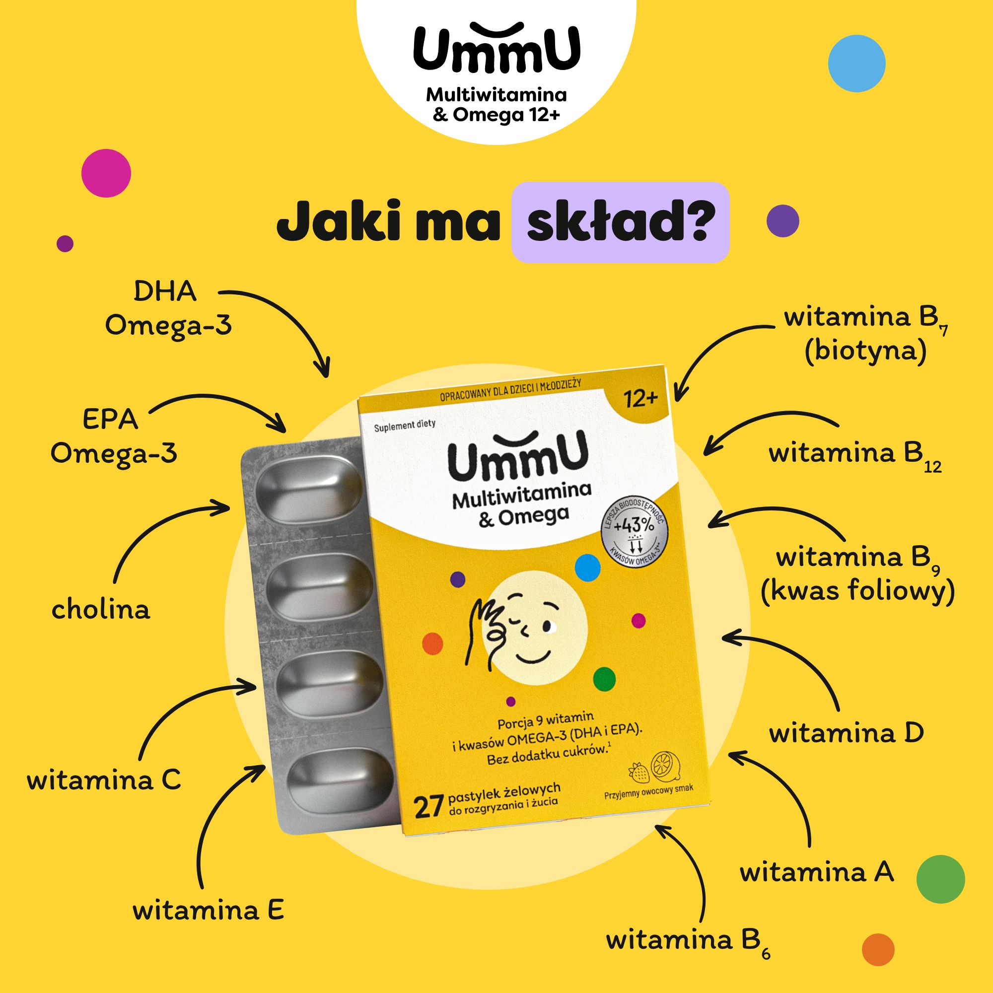 UmmU Multiwitamina&omega 12+ pastylki żelowe, 27 sztuk