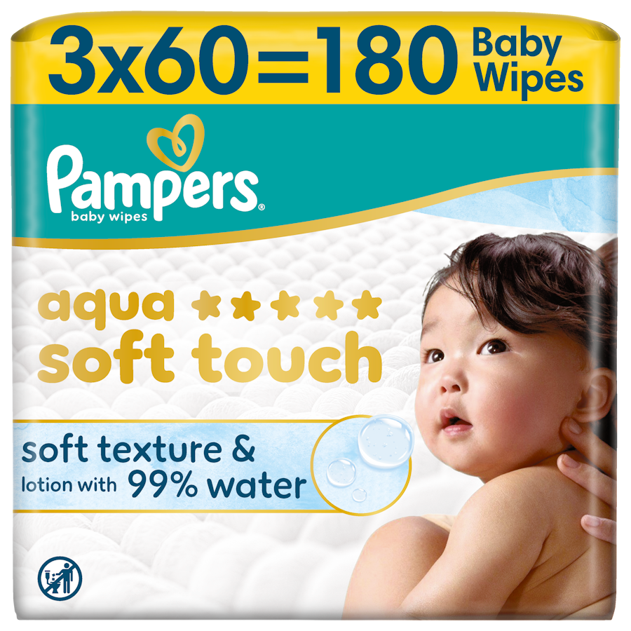 Pampers Aqua Soft Touch, chusteczki nawilżane dla dzieci, 3 x 60 sztuk zdjęcie