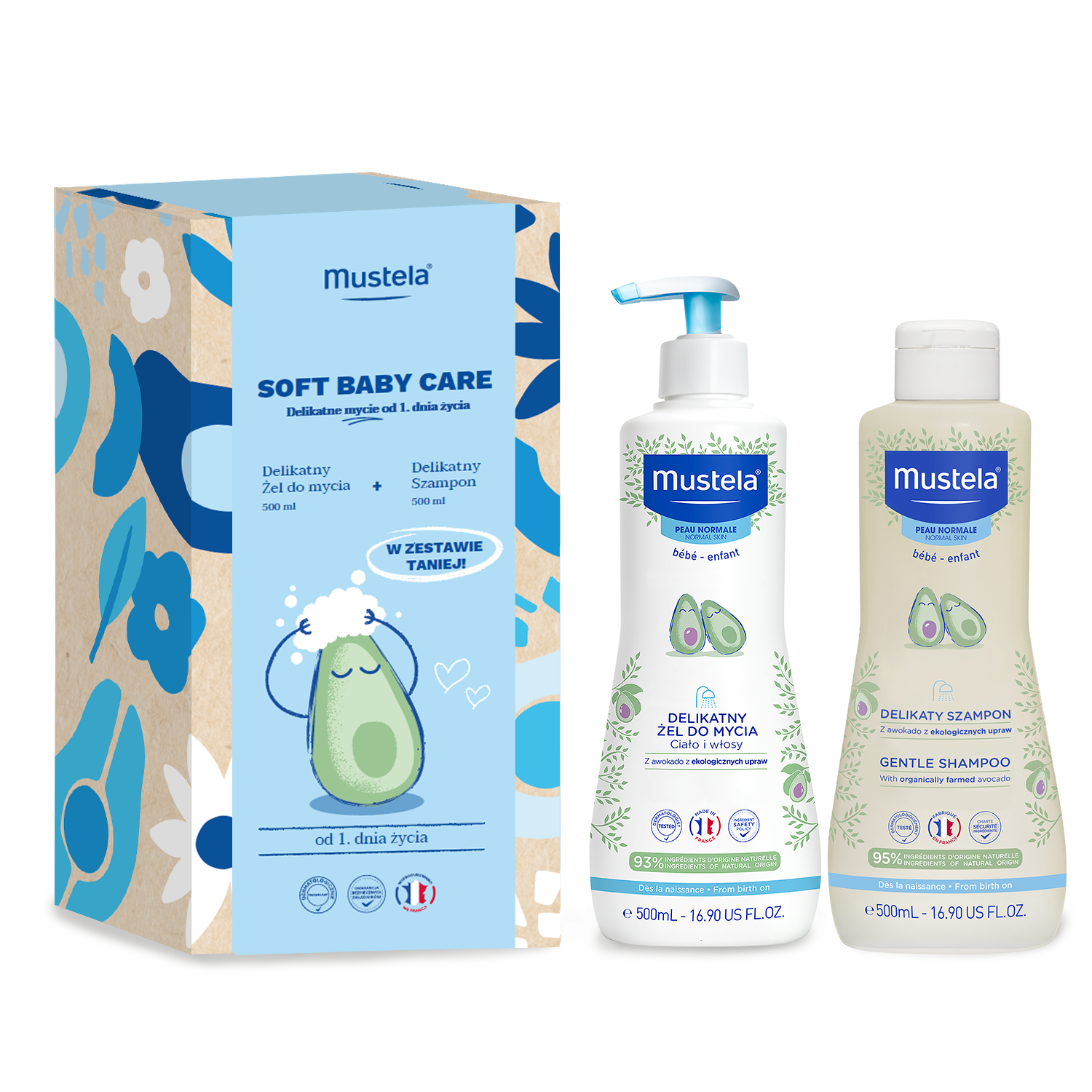 Mustela Soft Baby Care Delikatne mycie od 1. dnia życia Delikatny Żel do mycia 500 ml + Delikatny Szampon 500 ml [ZESTAW] zdjęcie