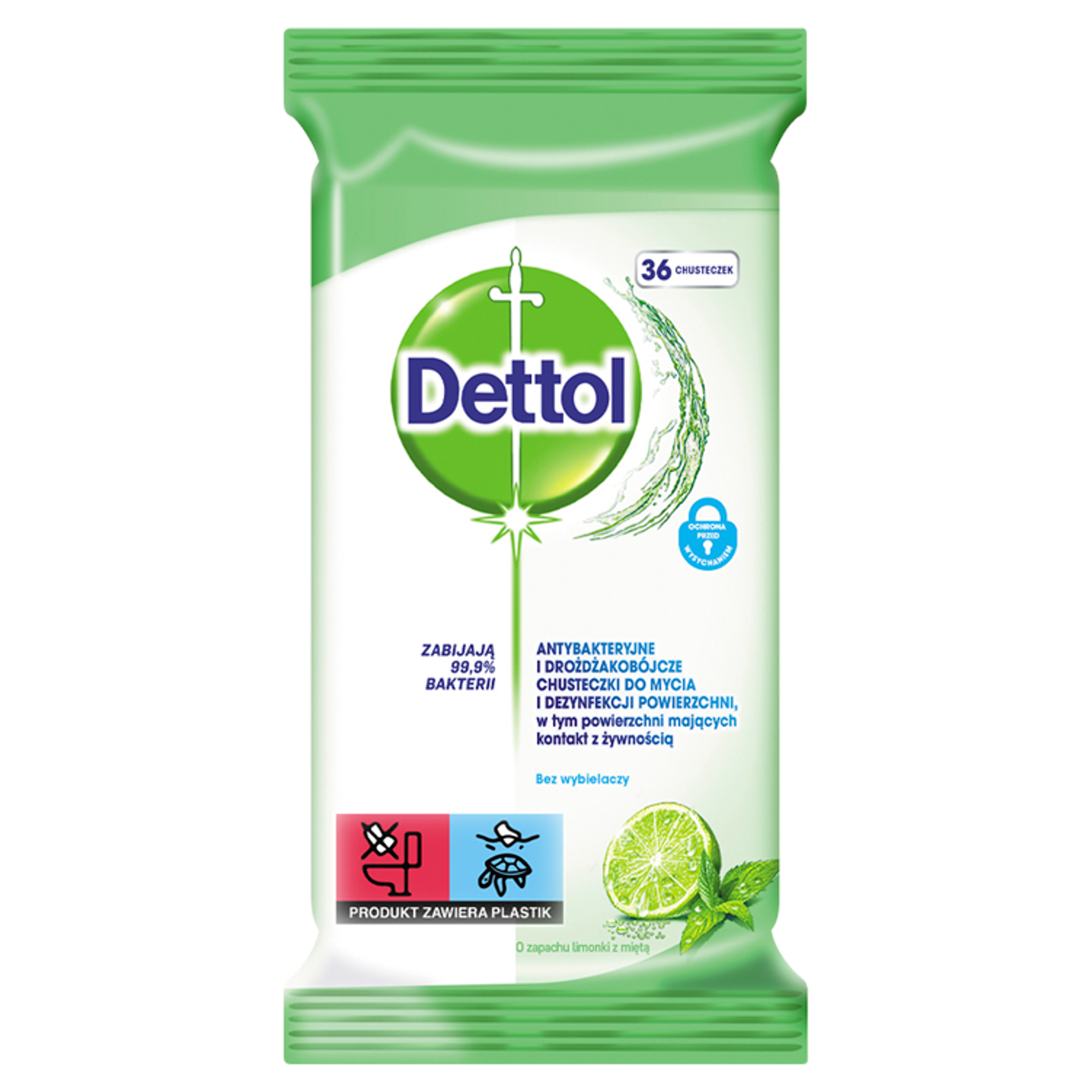 Dettol Antybakteryjne i drożdżakobójcze chusteczki do mycia i dezynfekcji powierzchni o zapachu limonki i mięty, 36 sztuk zdjęcie