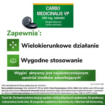 Carbo Medicinalis VP, 300 mg, węgiel aktywny w tabletkach, 20 sztuk